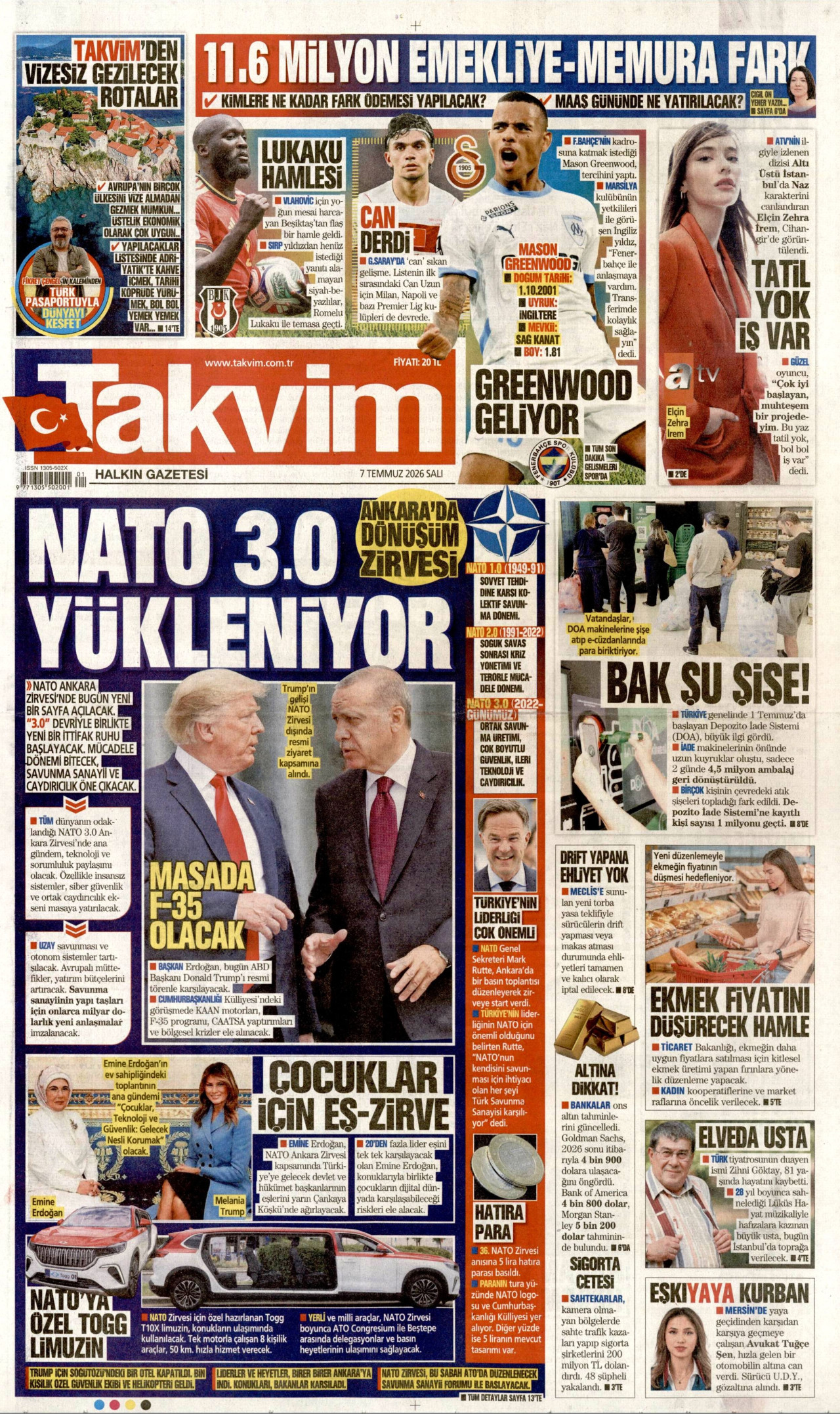 TAKVİM gazetesinin 7 Temmuz 2026 tarihli birinci sayfası
