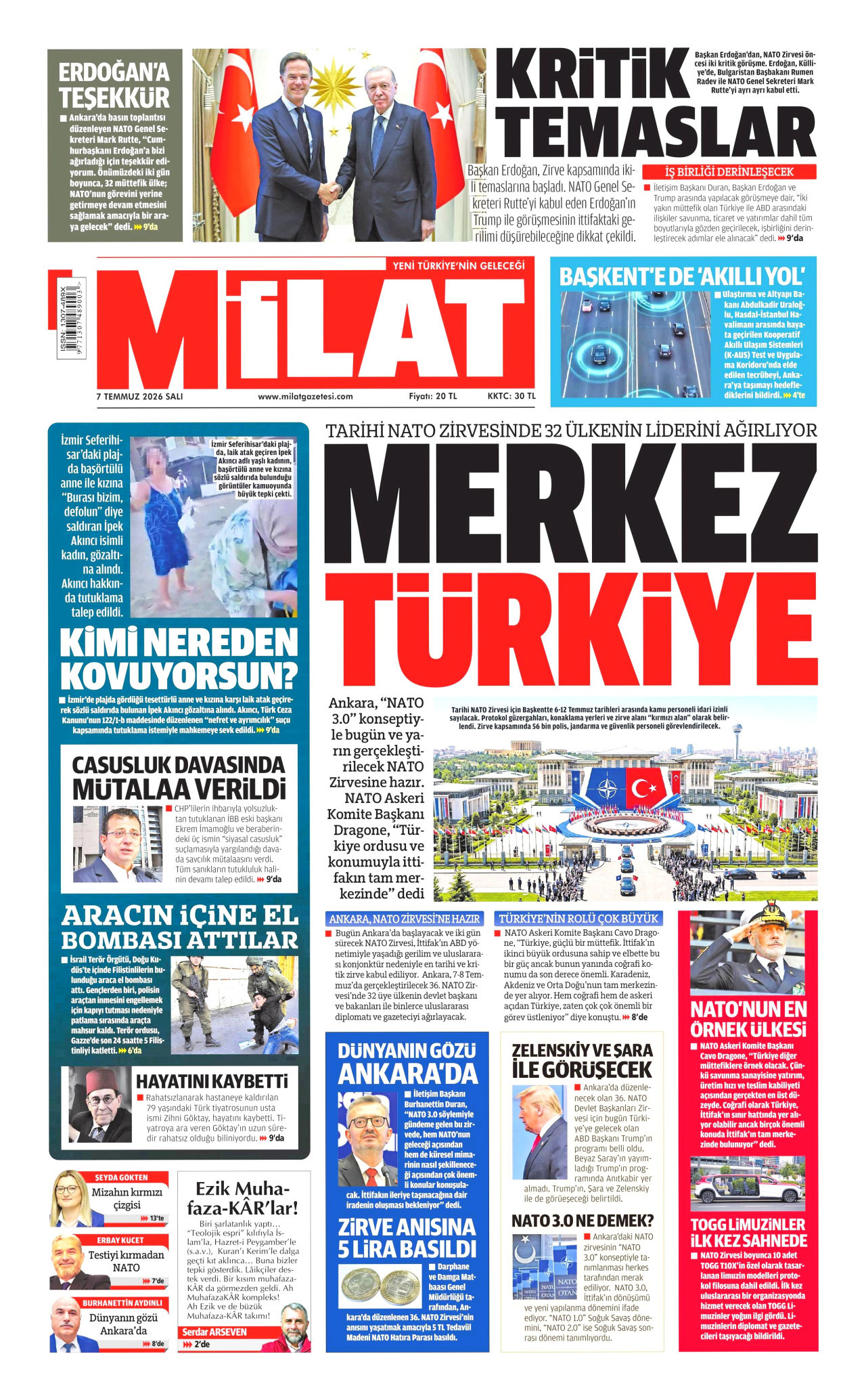 MİLAT gazetesinin 7 Temmuz 2026 tarihli birinci sayfası
