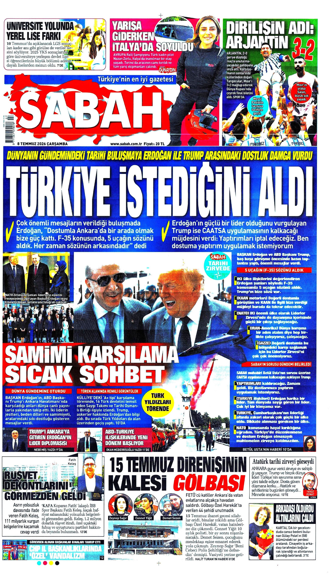 SABAH gazetesinin 8 Temmuz 2026 tarihli birinci sayfası