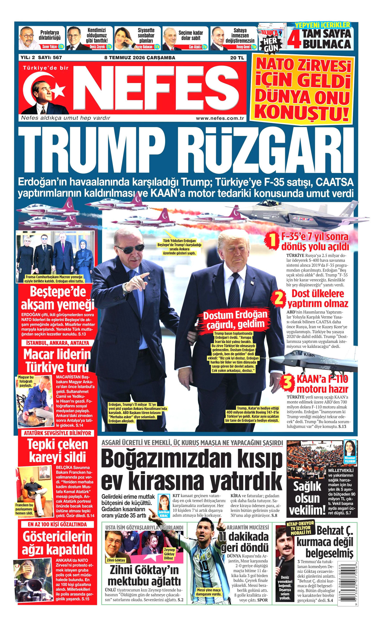 NEFES gazetesinin 8 Temmuz 2026 tarihli birinci sayfası