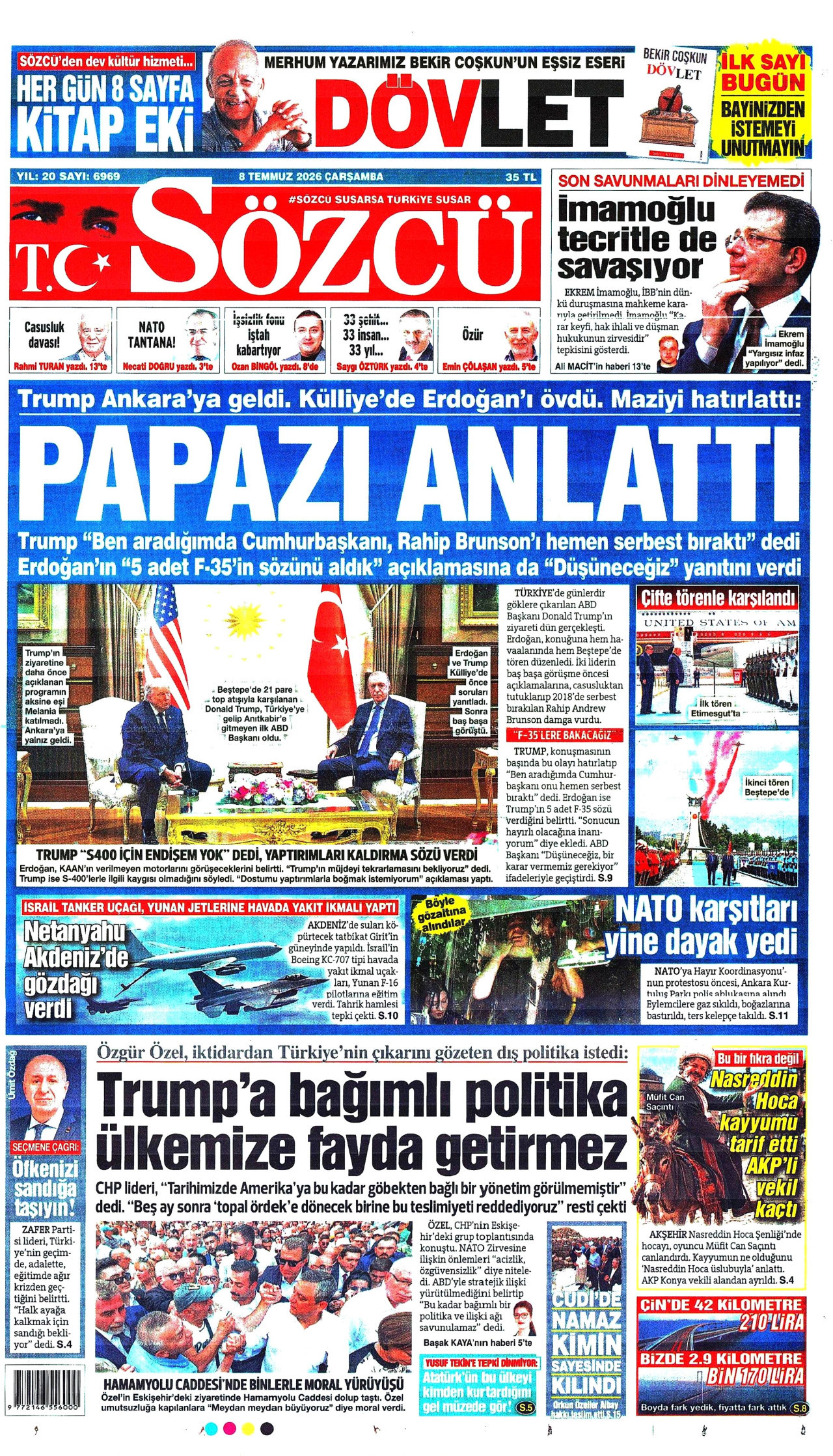 SÖZCÜ gazetesinin 8 Temmuz 2026 tarihli birinci sayfası