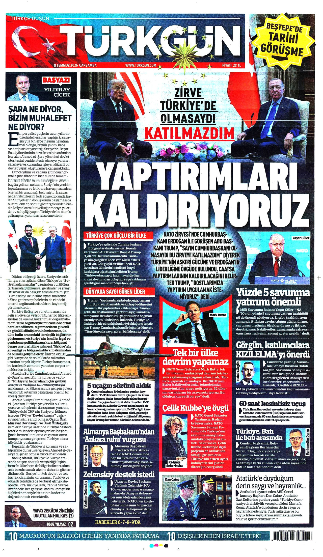 TÜRKGÜN gazetesinin 8 Temmuz 2026 tarihli birinci sayfası