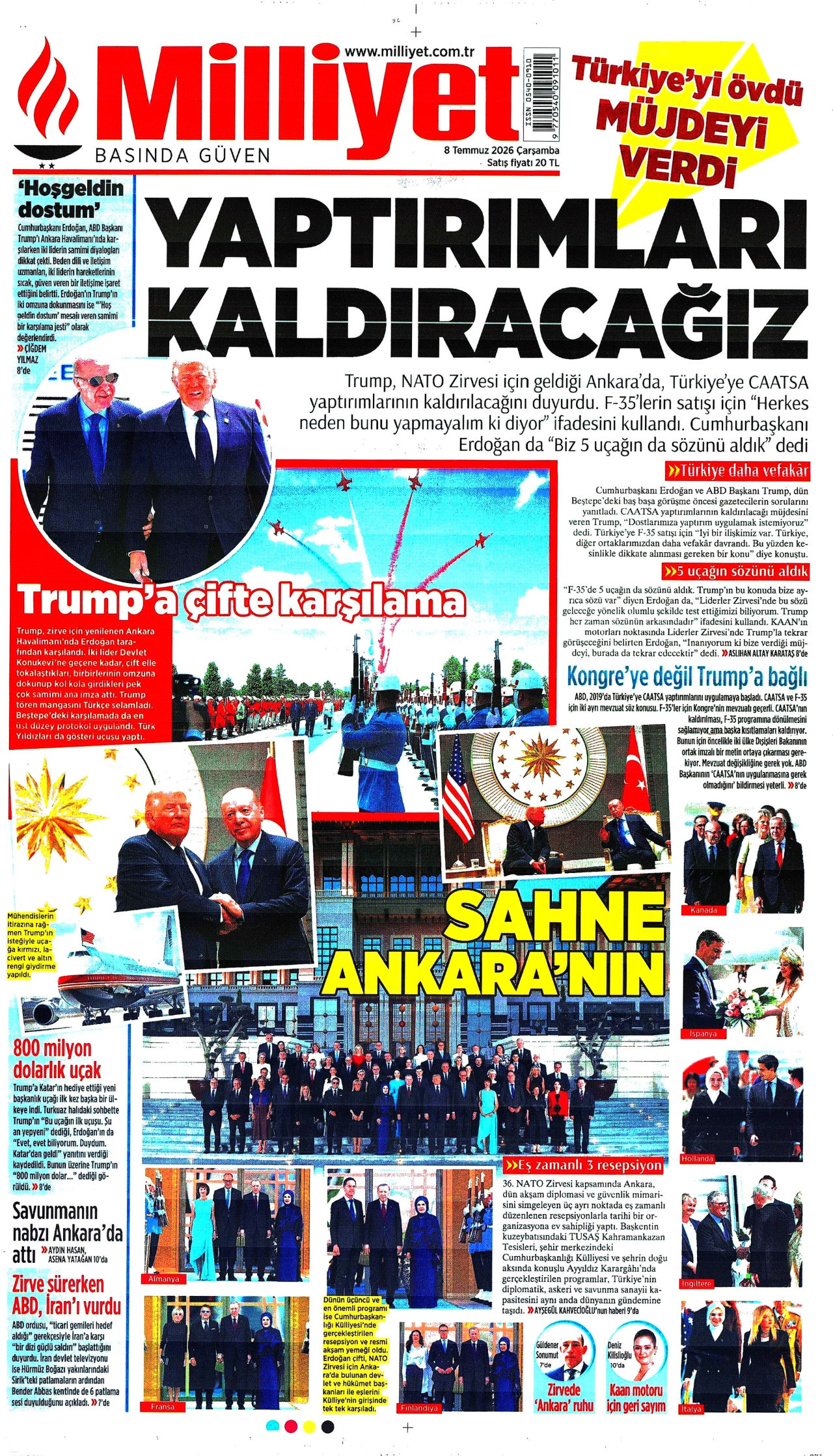 MİLLİYET gazetesinin 8 Temmuz 2026 tarihli birinci sayfası