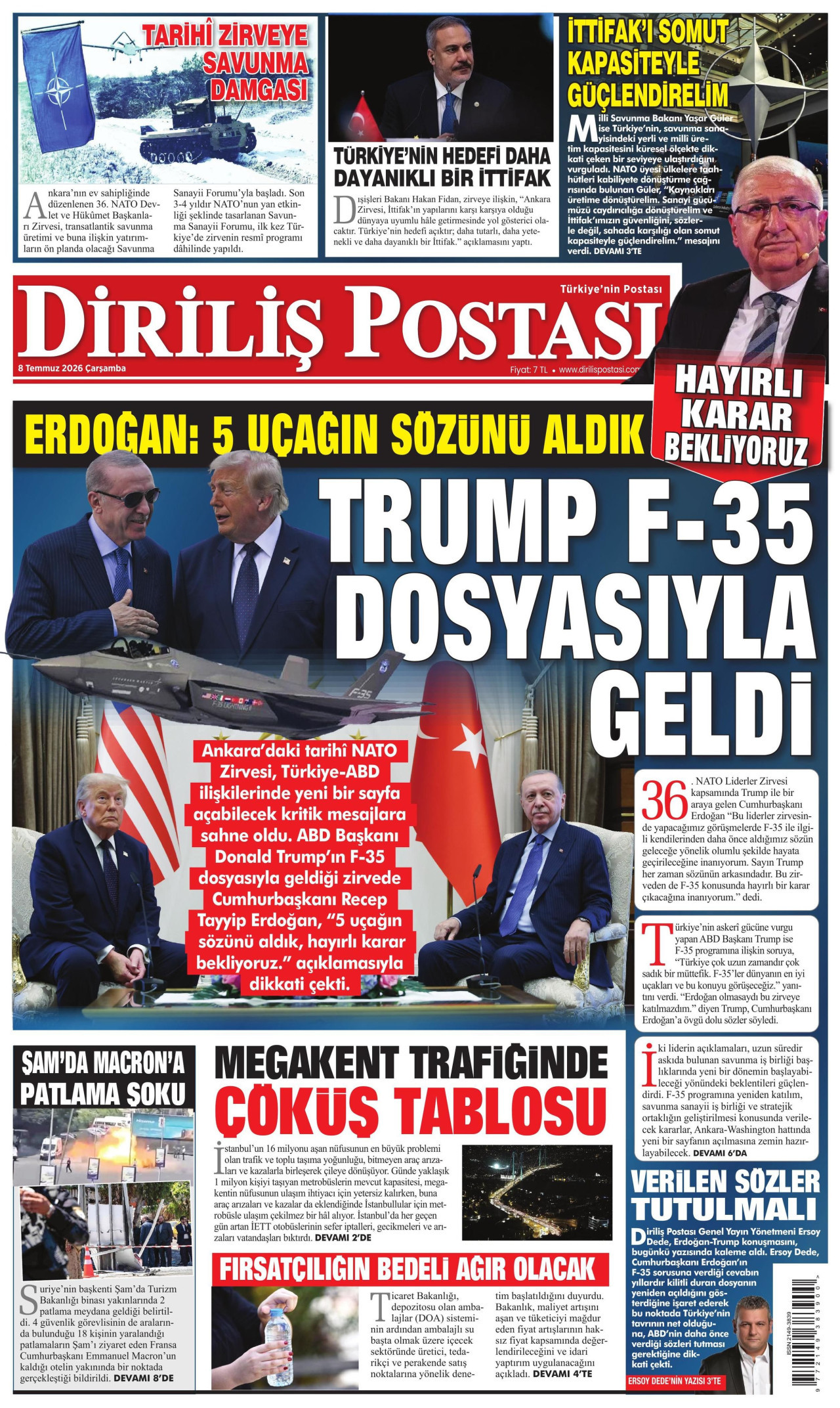 DİRİLİŞ POSTASI gazetesinin 8 Temmuz 2026 tarihli birinci sayfası