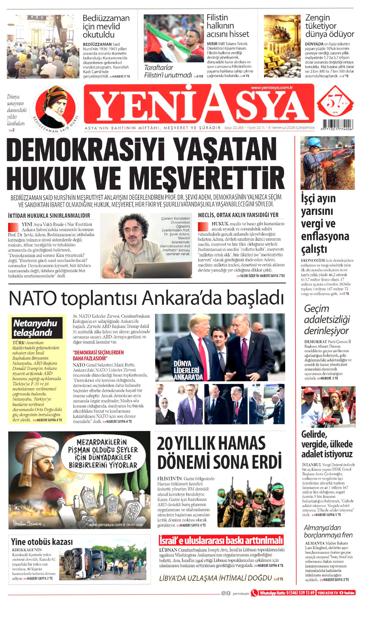 YENİ ASYA gazetesinin 8 Temmuz 2026 tarihli birinci sayfası