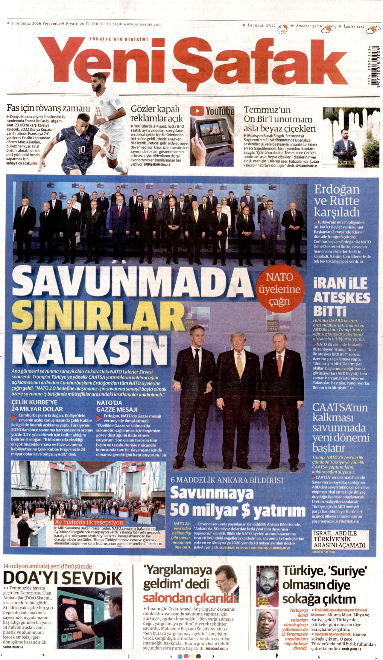YENİ ŞAFAK gazetesinin 9 Temmuz 2026 tarihli birinci sayfası