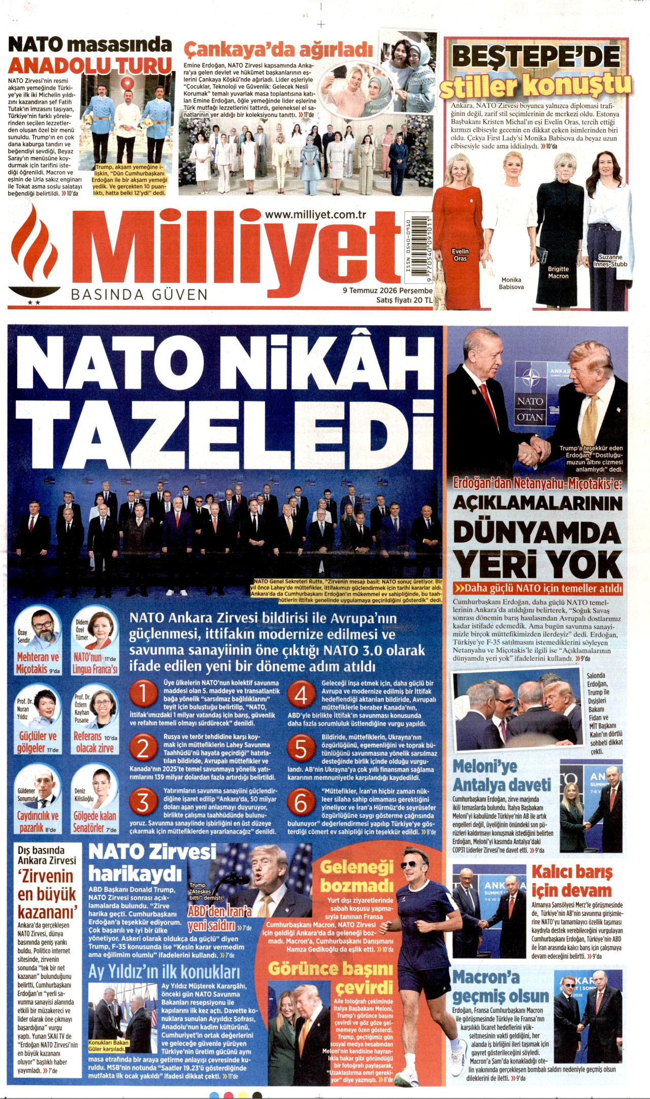 MİLLİYET gazetesinin 9 Temmuz 2026 tarihli birinci sayfası