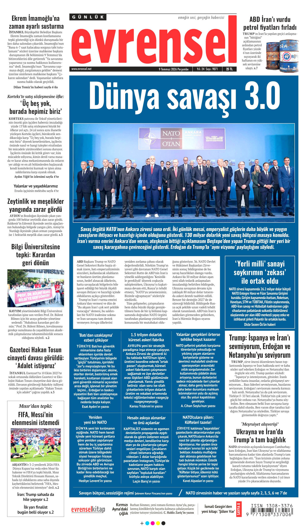 EVRENSEL gazetesinin 9 Temmuz 2026 tarihli birinci sayfası