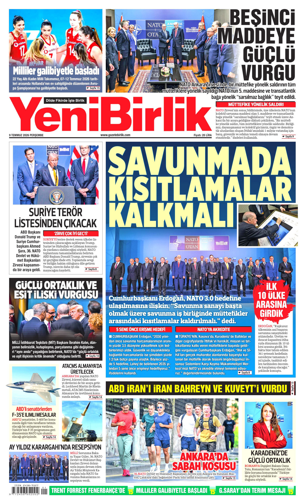 YENİBİRLİK gazetesinin 9 Temmuz 2026 tarihli birinci sayfası