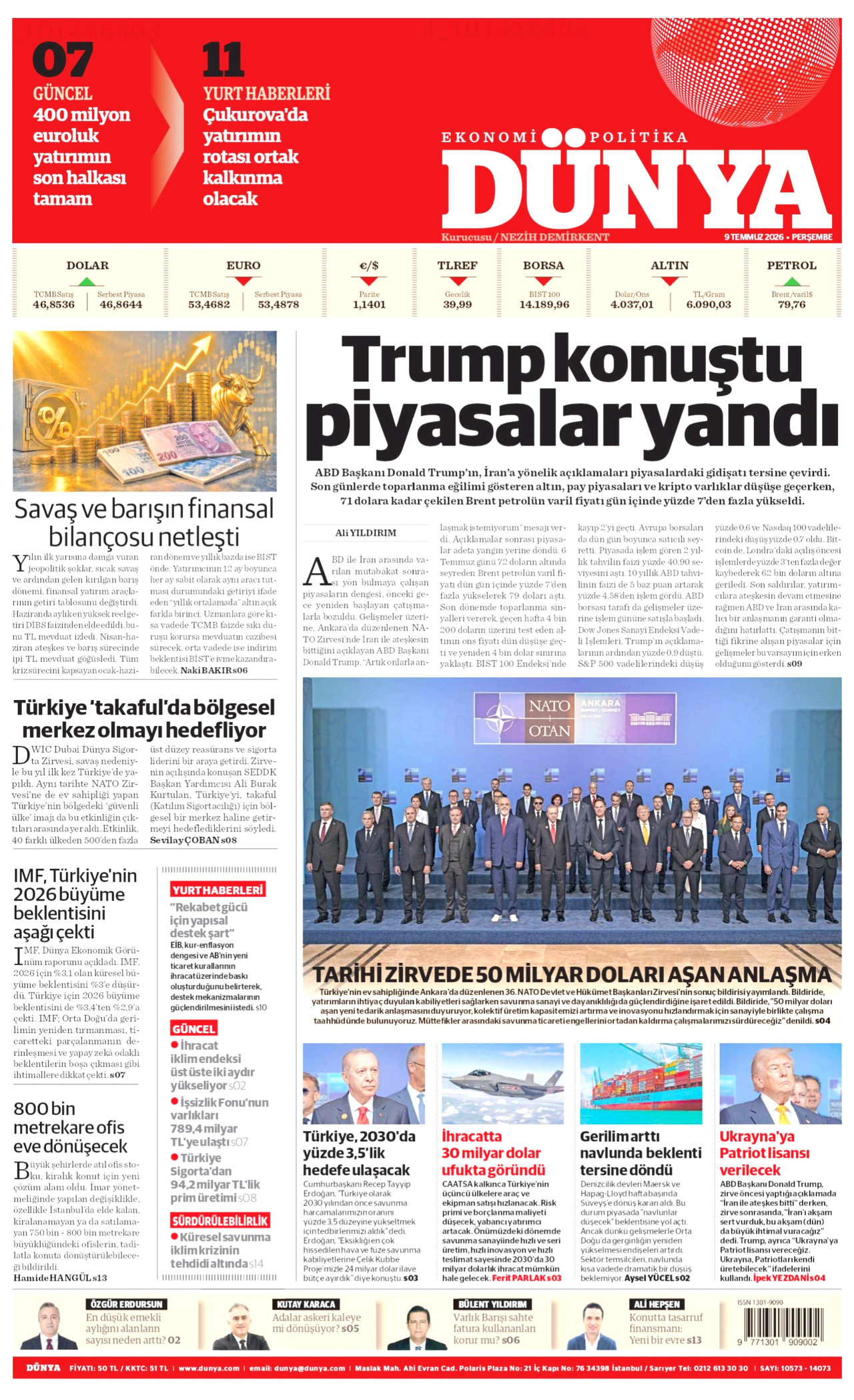DÜNYA gazetesinin 9 Temmuz 2026 tarihli birinci sayfası