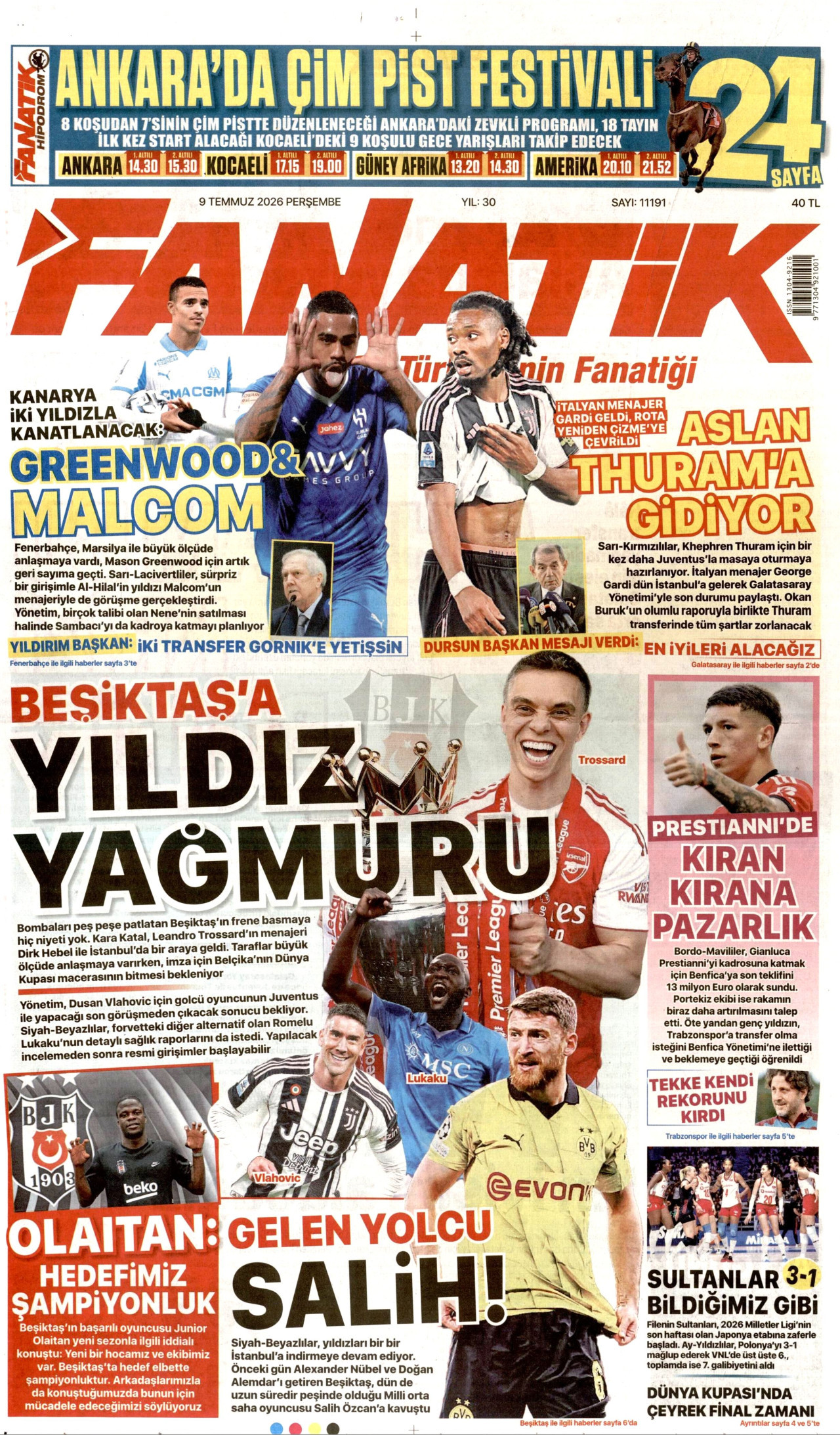 FANATİK gazetesinin 9 Temmuz 2026 tarihli birinci sayfası