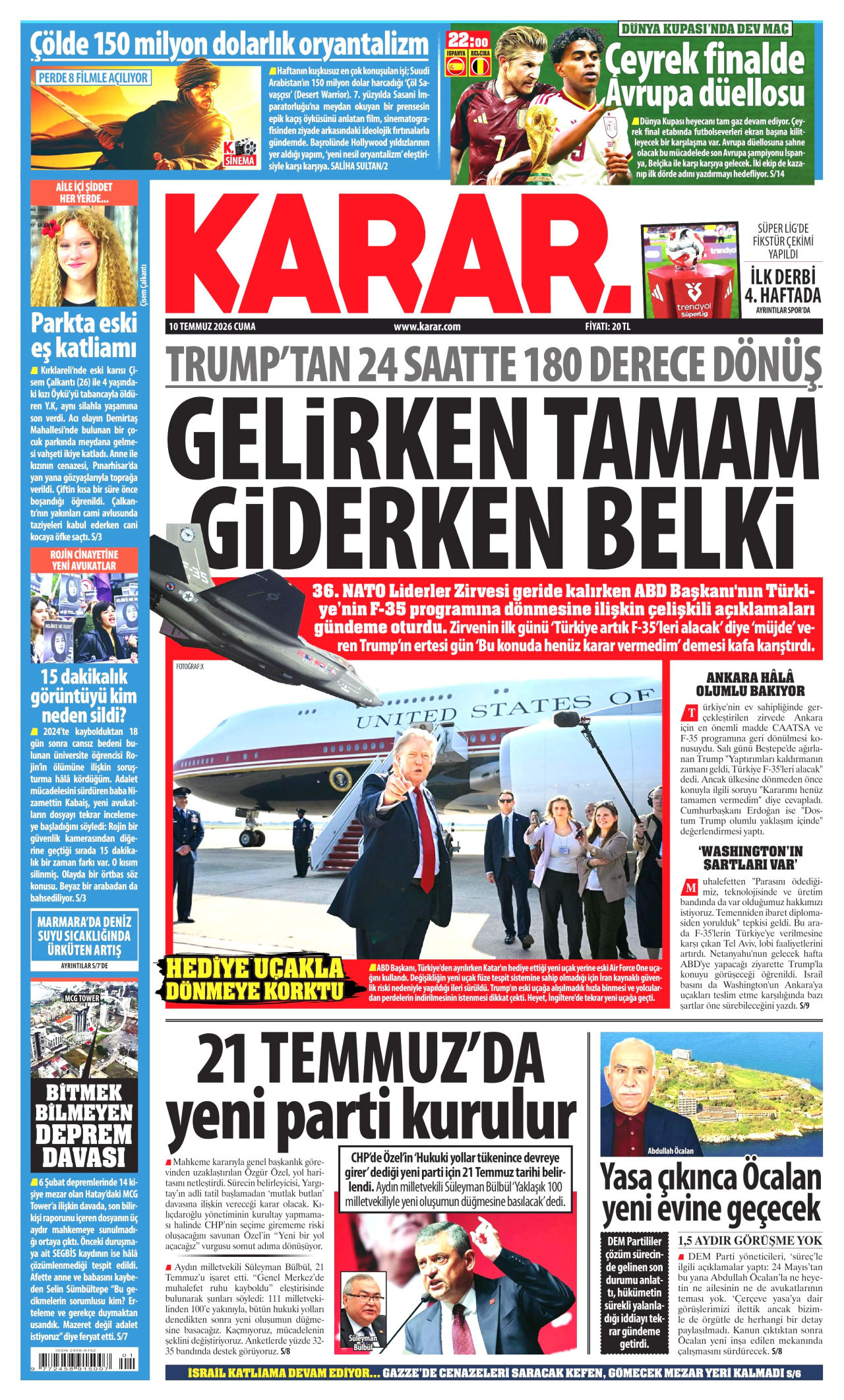 KARAR gazetesinin 10 Temmuz 2026 tarihli birinci sayfası