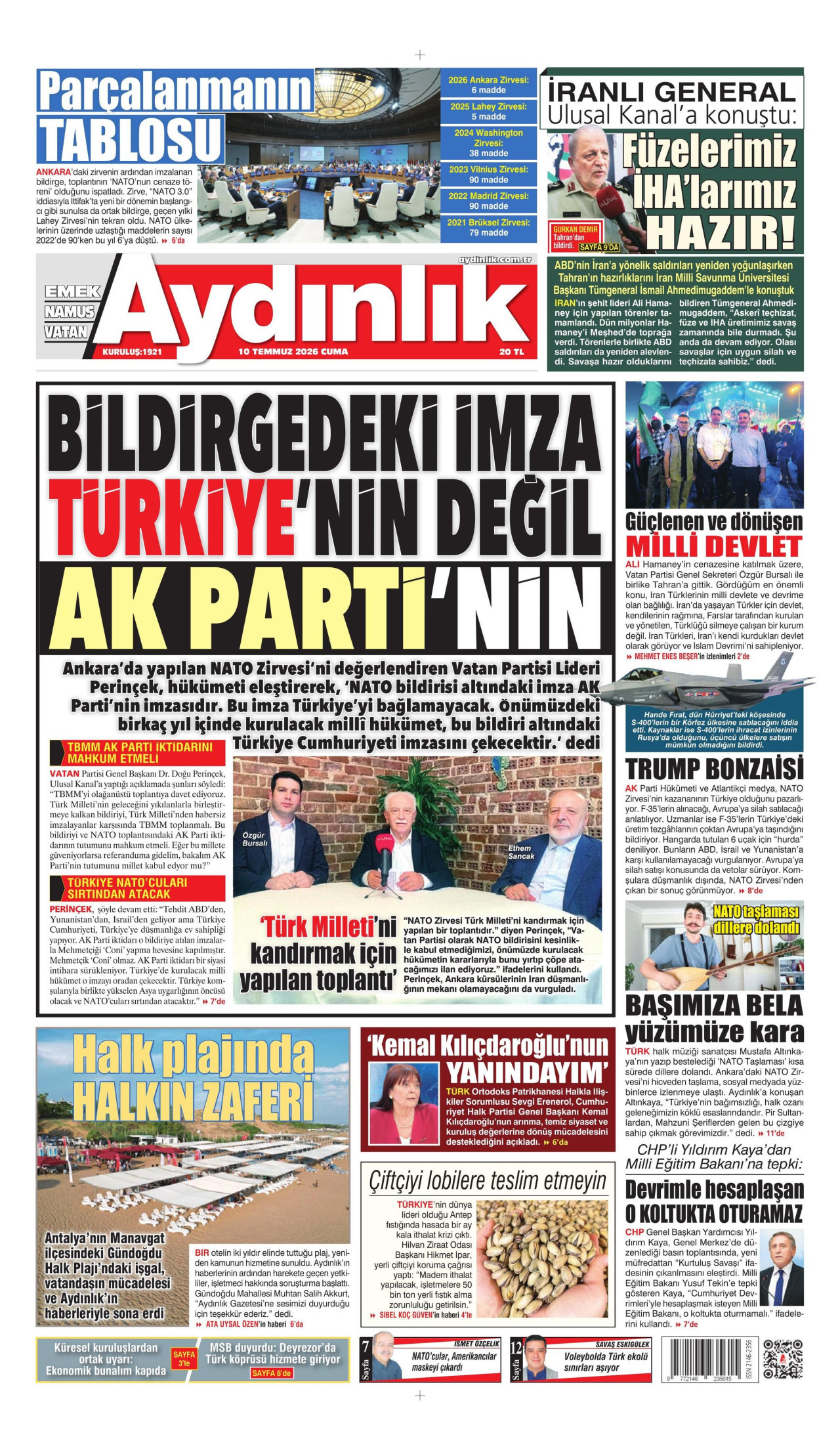 AYDINLIK GAZETESİ gazetesinin 10 Temmuz 2026 tarihli birinci sayfası