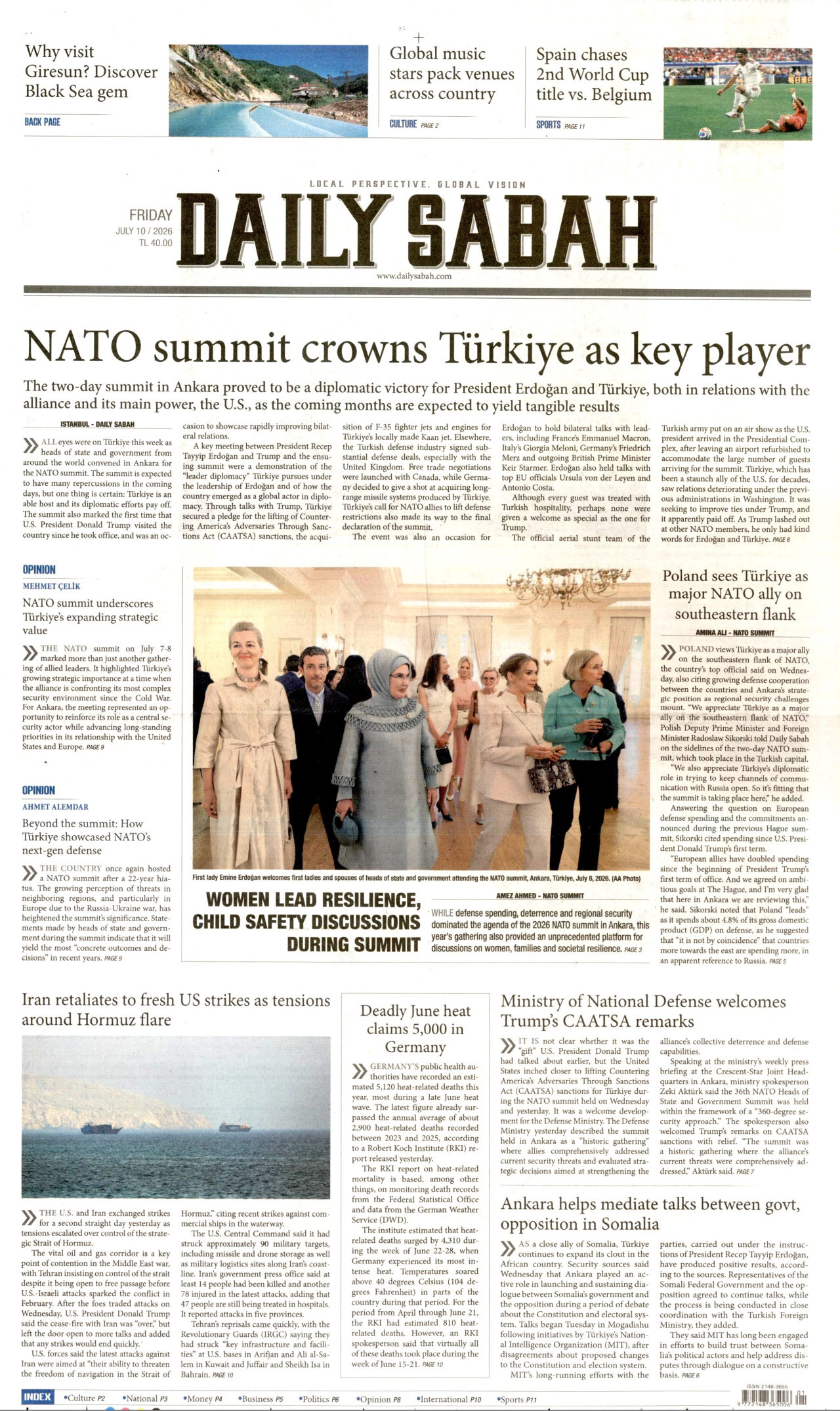 DAİLY SABAH gazetesinin 10 Temmuz 2026 tarihli birinci sayfası