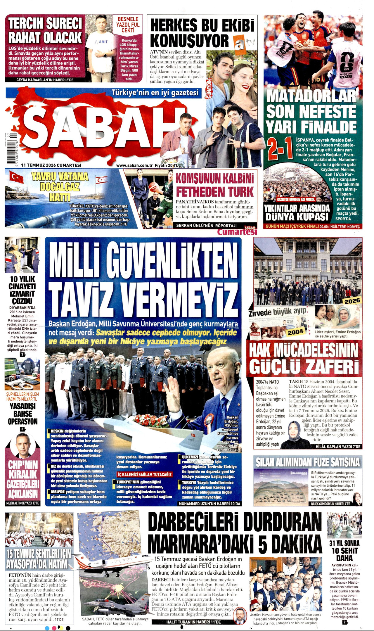 SABAH gazetesinin 11 Temmuz 2026 tarihli birinci sayfası