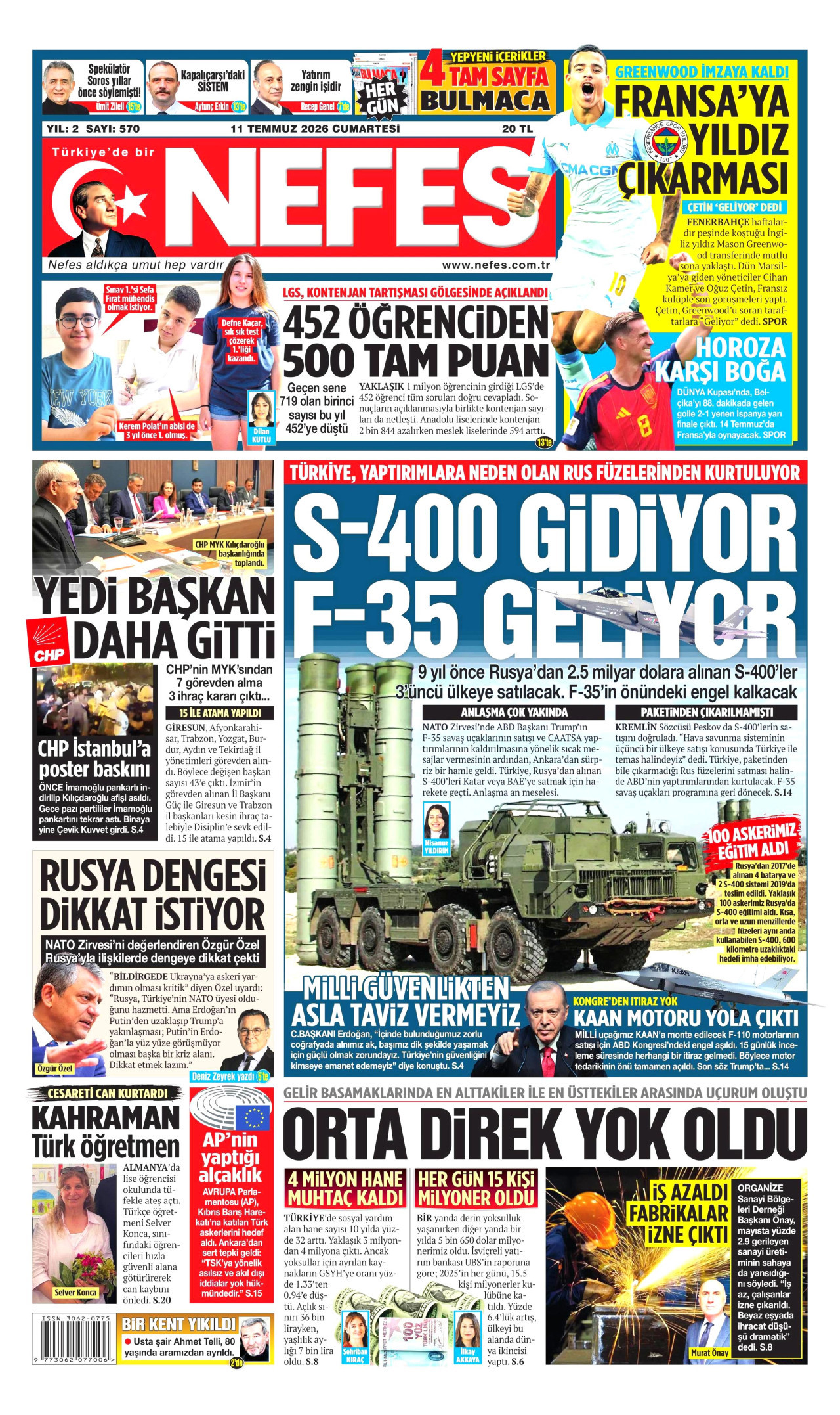NEFES gazetesinin 11 Temmuz 2026 tarihli birinci sayfası