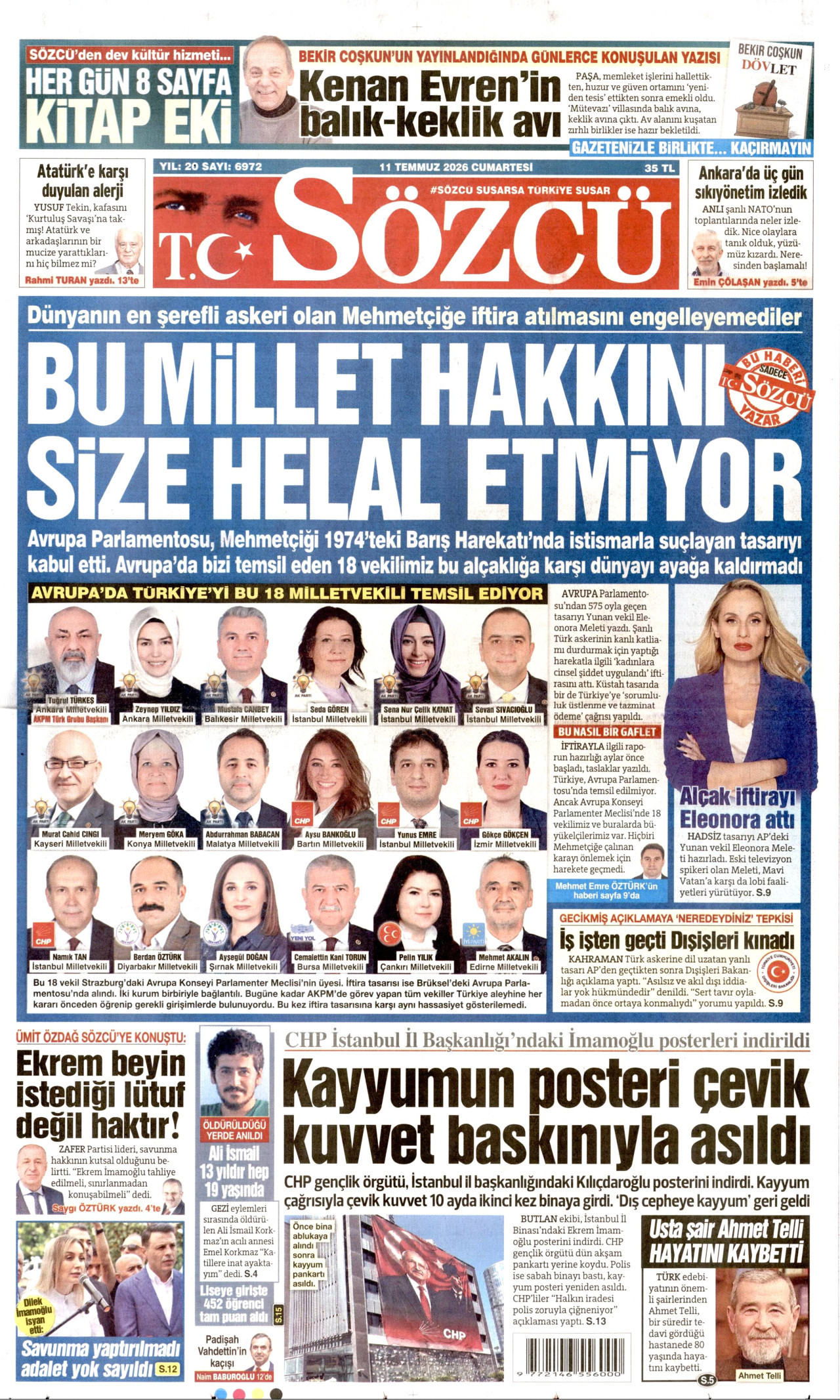 SÖZCÜ gazetesinin 11 Temmuz 2026 tarihli birinci sayfası