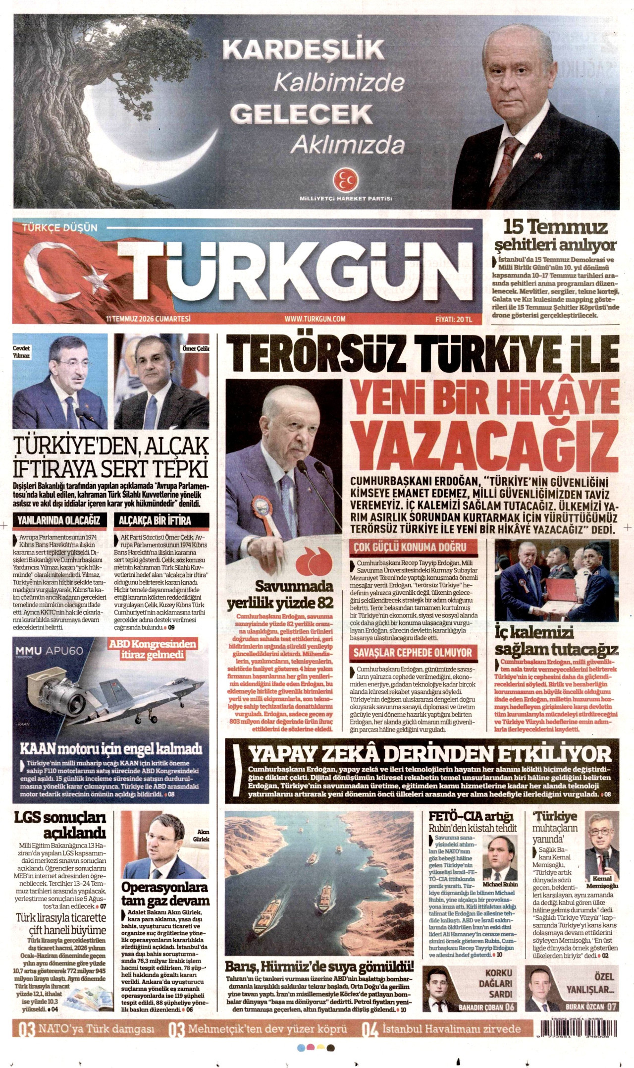 TÜRKGÜN gazetesinin 11 Temmuz 2026 tarihli birinci sayfası