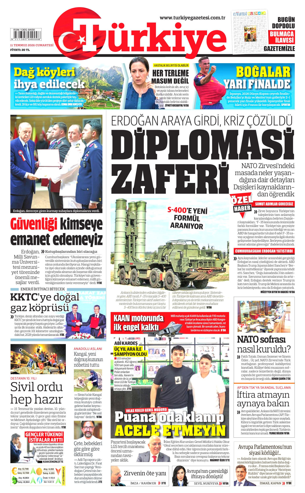 TÜRKİYE GAZETESİ gazetesinin 11 Temmuz 2026 tarihli birinci sayfası