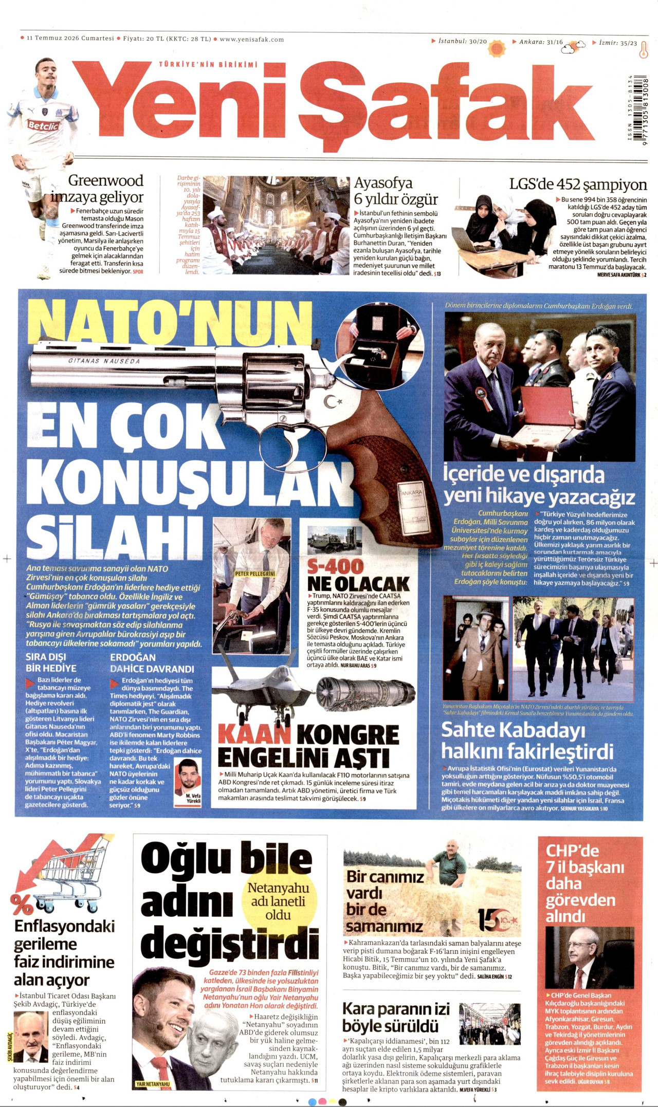 YENİ ŞAFAK gazetesinin 11 Temmuz 2026 tarihli birinci sayfası