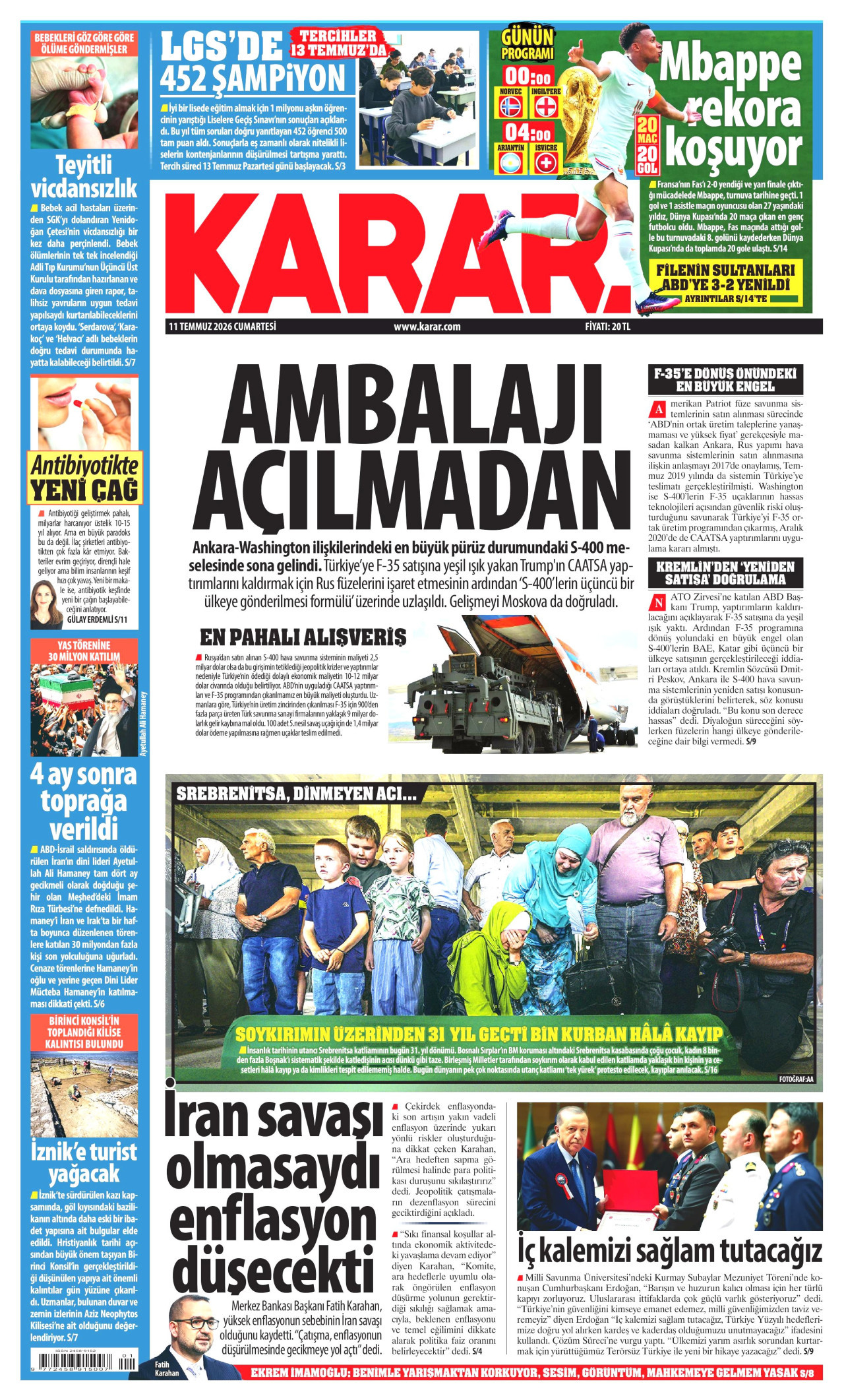 KARAR gazetesinin 11 Temmuz 2026 tarihli birinci sayfası