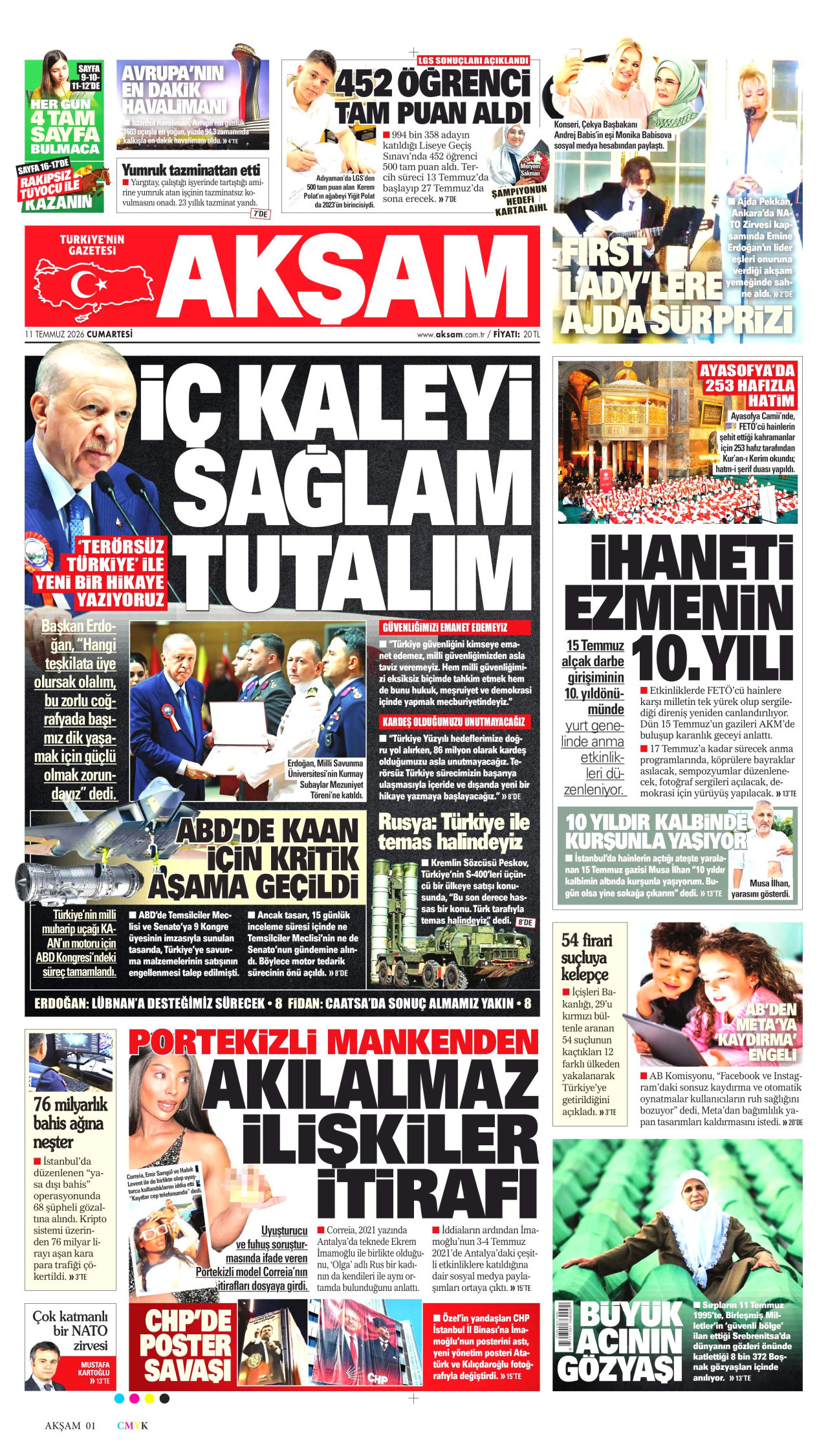 AKŞAM gazetesinin 11 Temmuz 2026 tarihli birinci sayfası