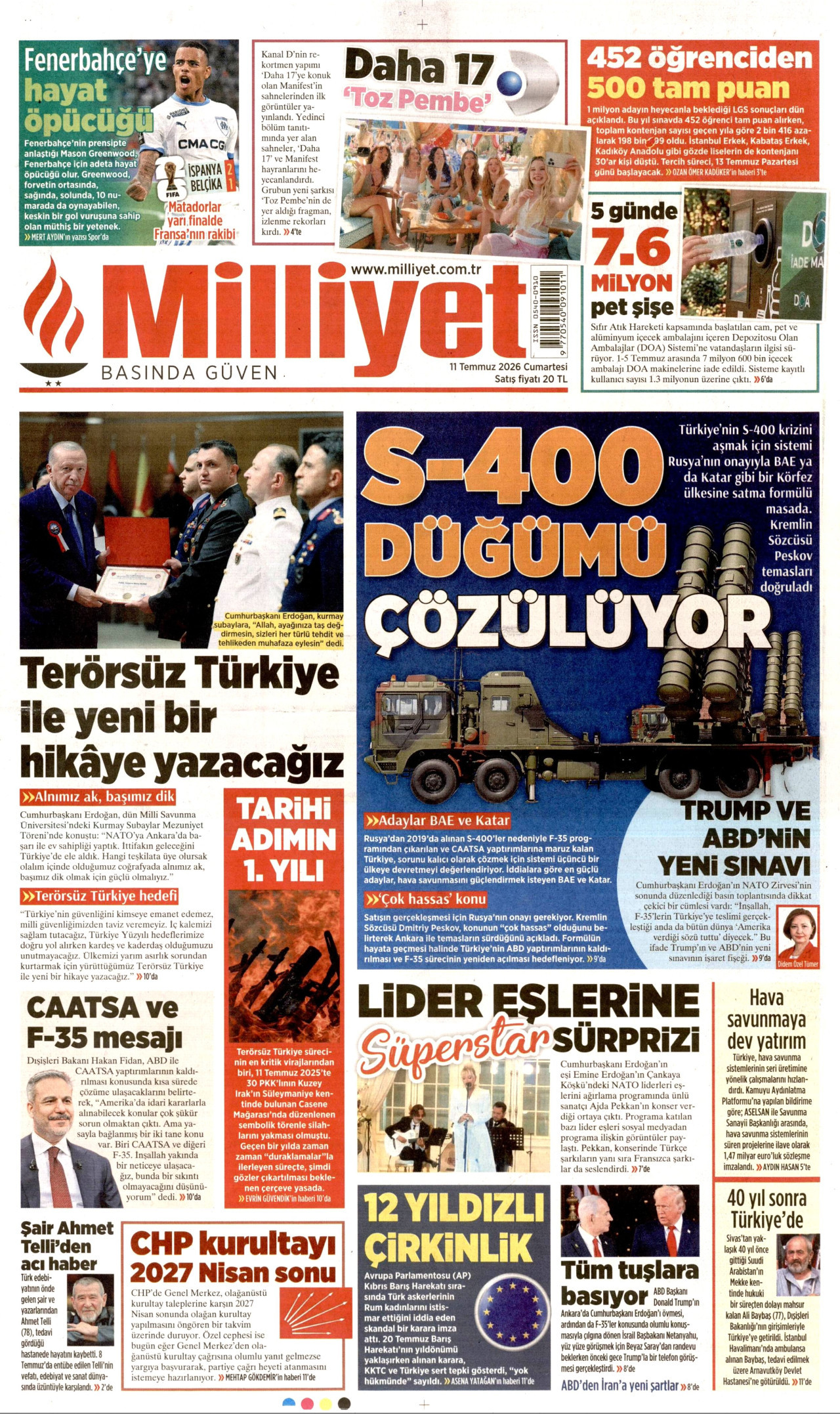 MİLLİYET gazetesinin 11 Temmuz 2026 tarihli birinci sayfası