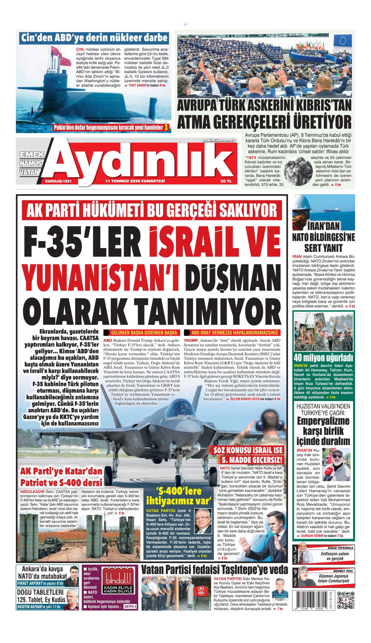 AYDINLIK GAZETESİ gazetesinin 11 Temmuz 2026 tarihli birinci sayfası