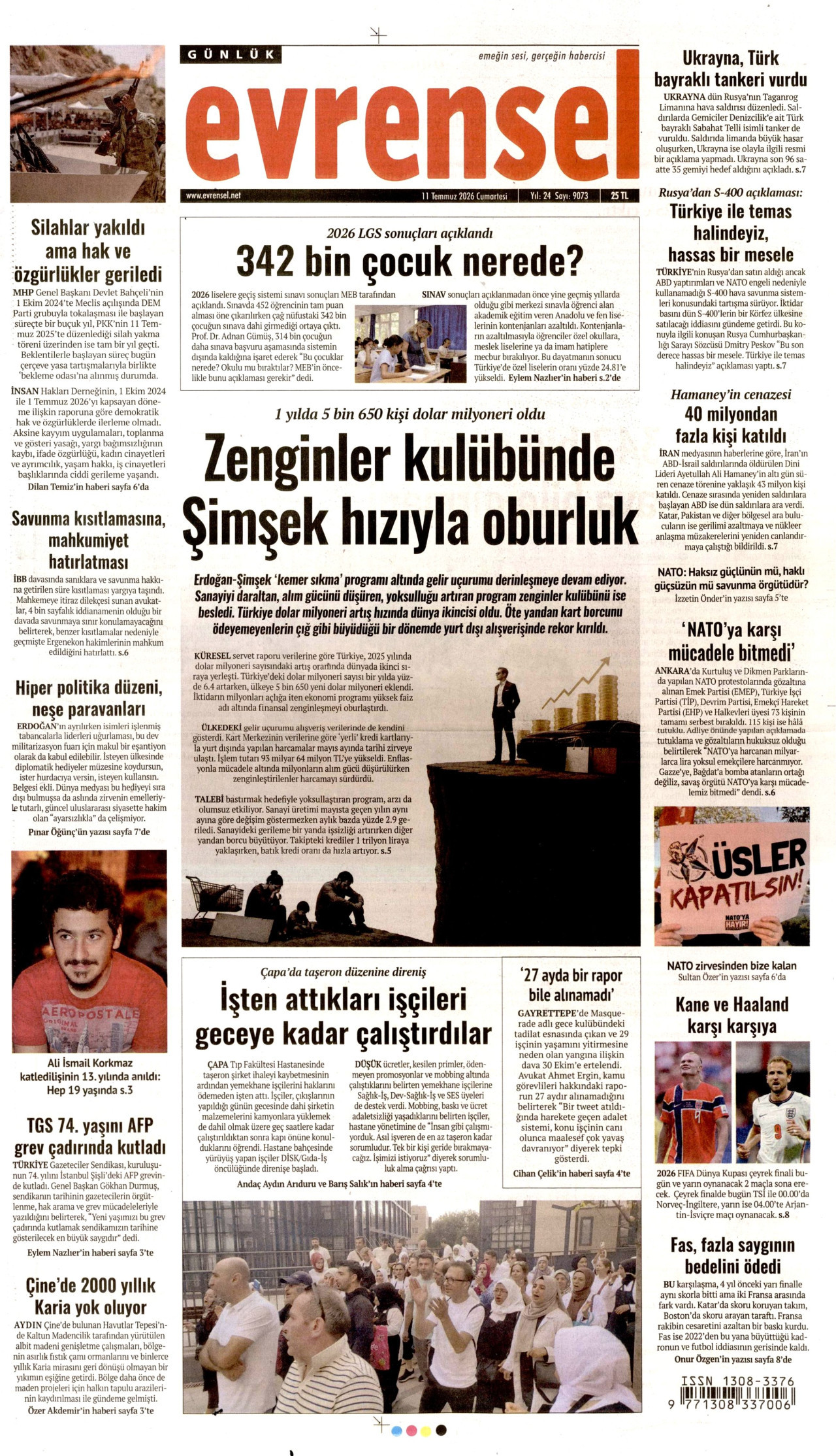 EVRENSEL gazetesinin 11 Temmuz 2026 tarihli birinci sayfası
