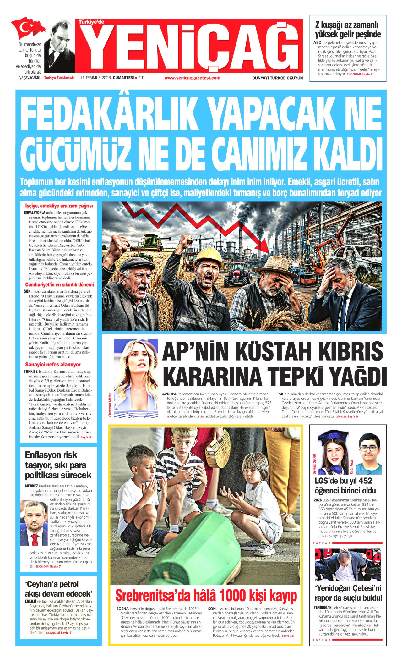 YENİÇAĞ gazetesinin 11 Temmuz 2026 tarihli birinci sayfası