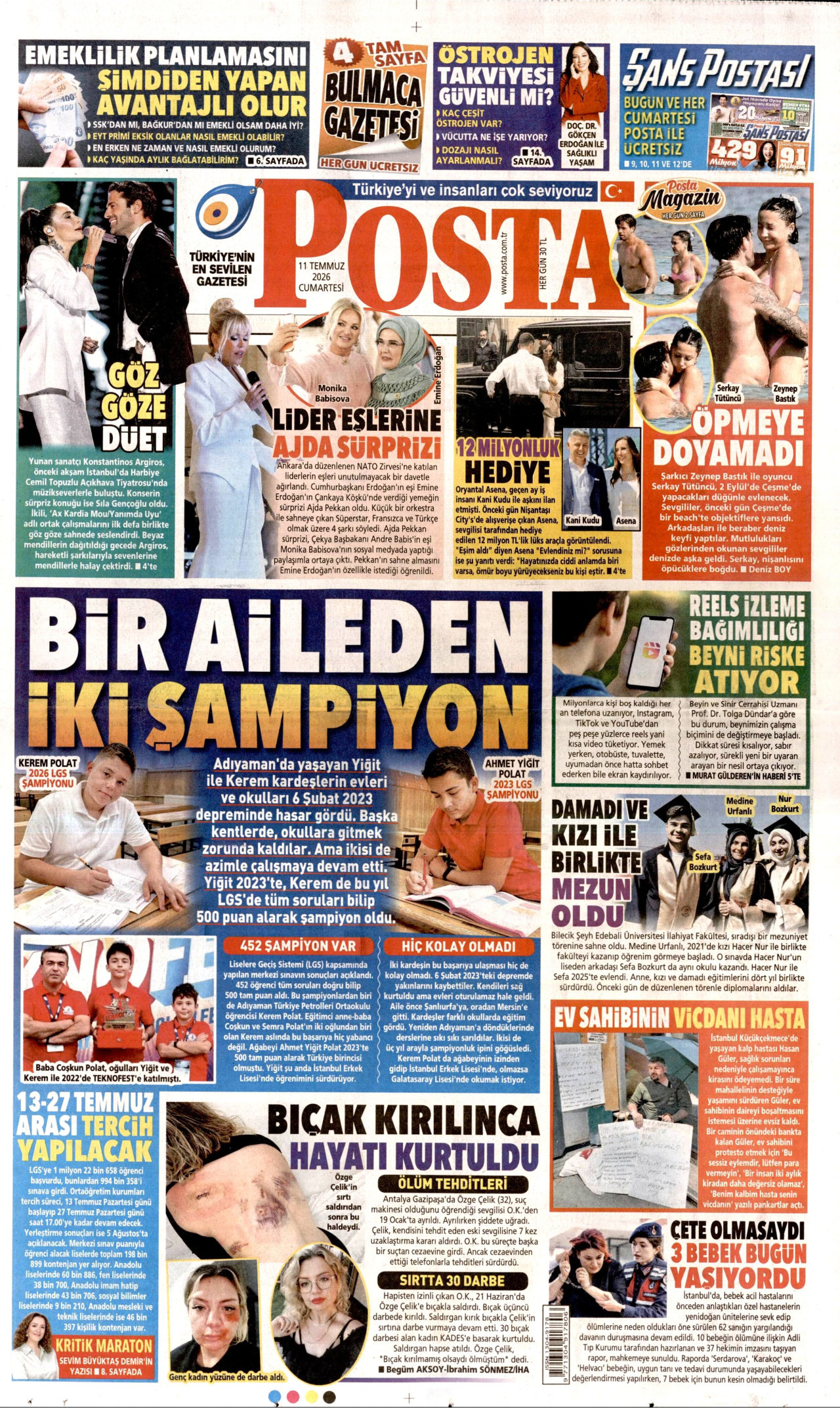 POSTA gazetesinin 11 Temmuz 2026 tarihli birinci sayfası