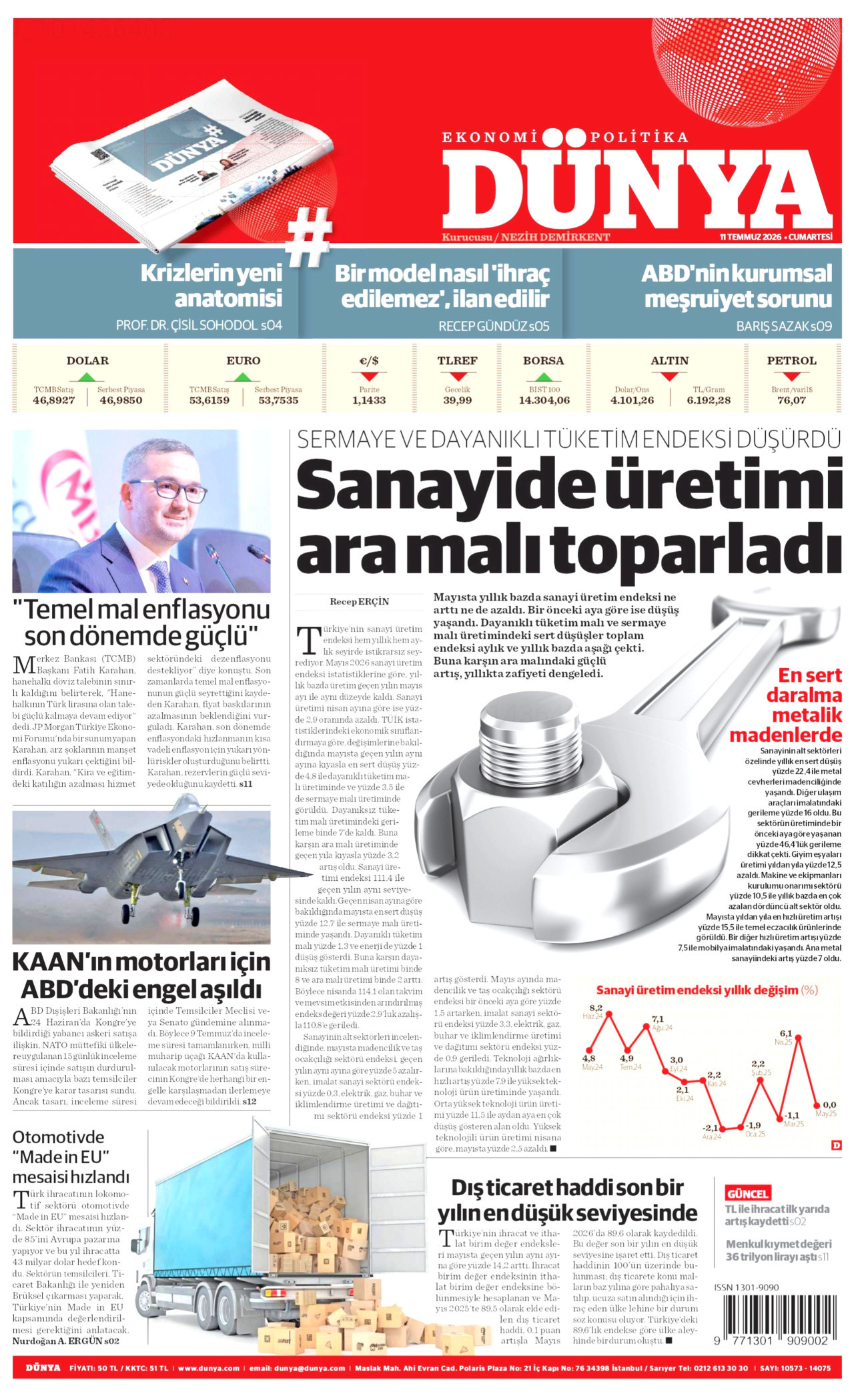 DÜNYA gazetesinin 11 Temmuz 2026 tarihli birinci sayfası