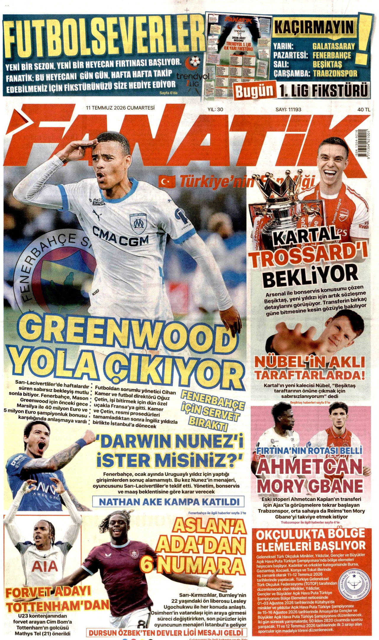FANATİK gazetesinin 11 Temmuz 2026 tarihli birinci sayfası