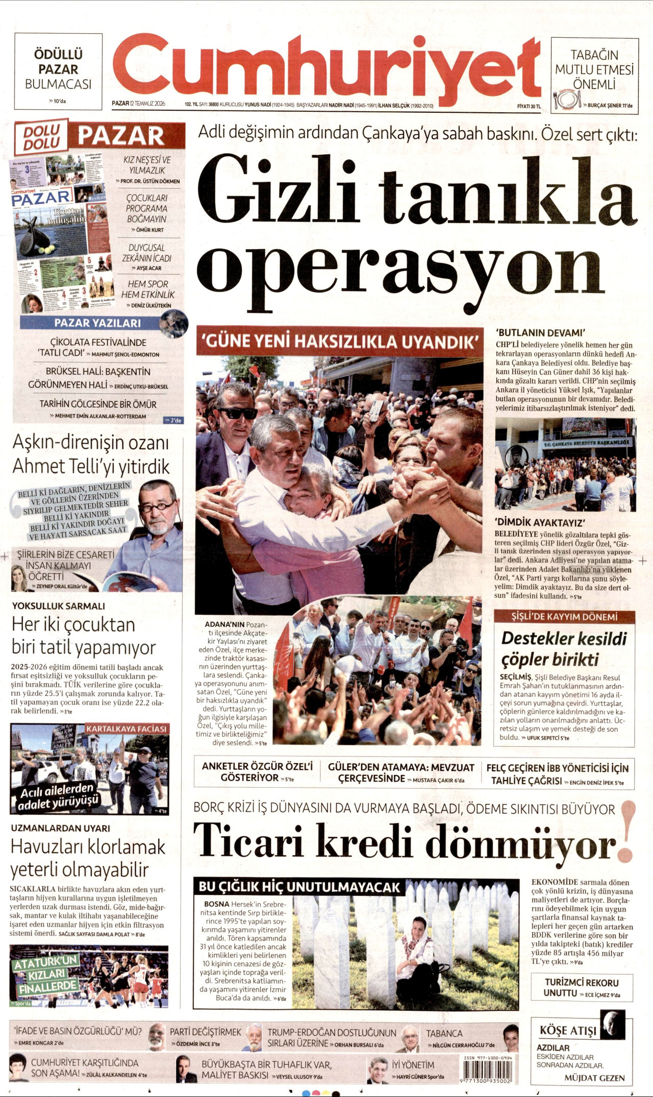 CUMHURİYET gazetesinin 12 Temmuz 2026 tarihli birinci sayfası