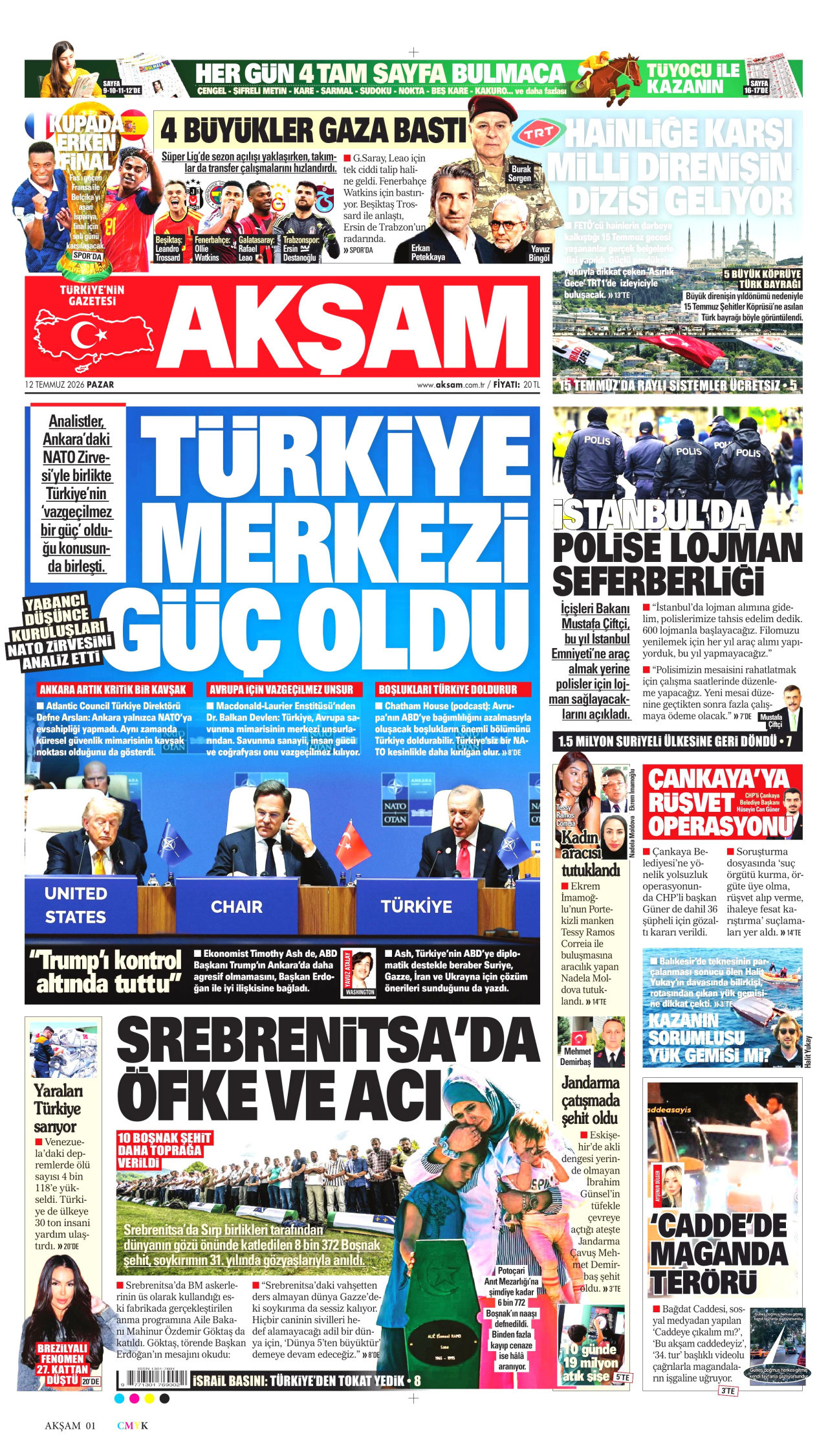 AKŞAM gazetesinin 12 Temmuz 2026 tarihli birinci sayfası