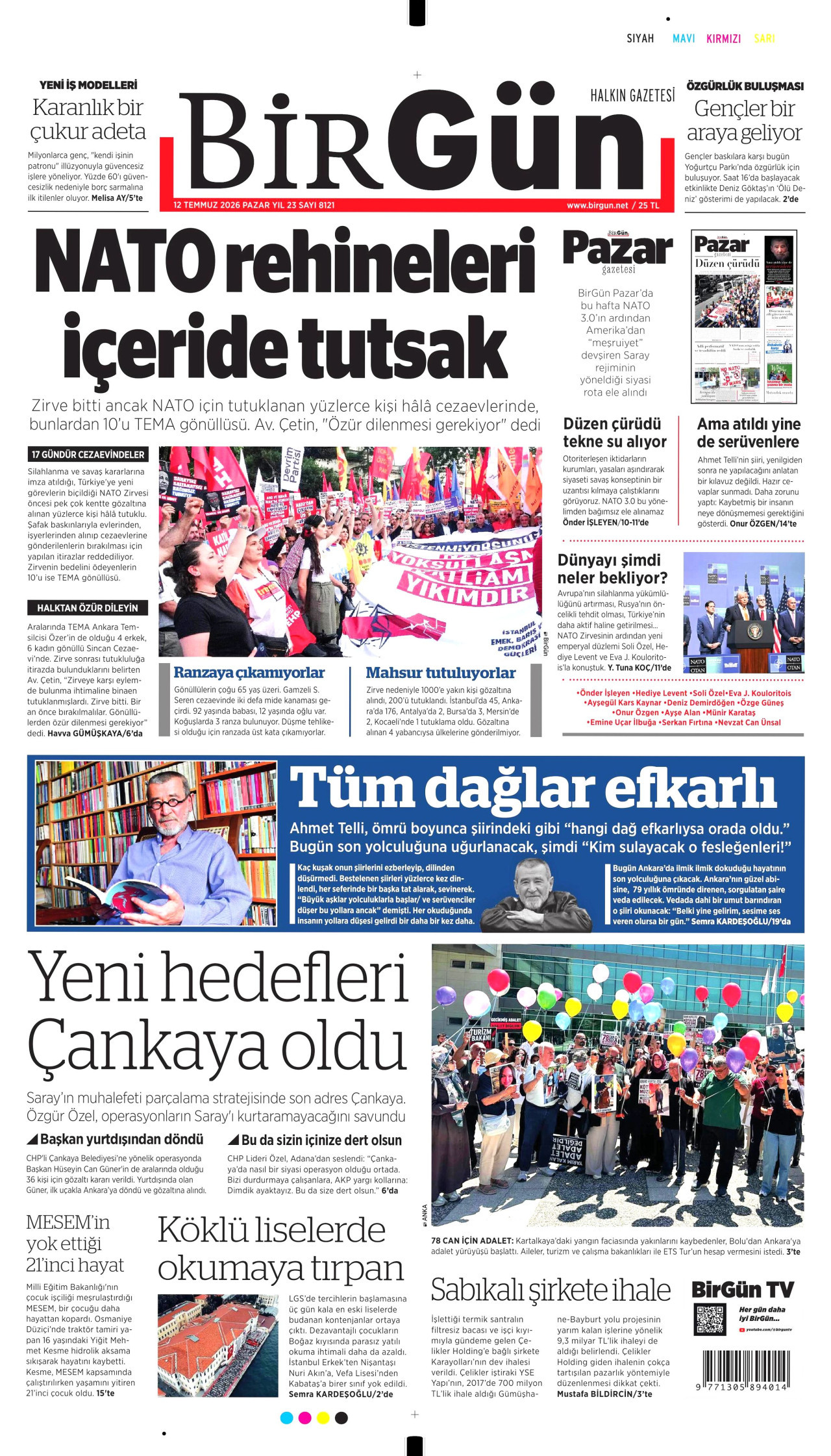 BİRGÜN gazetesinin 12 Temmuz 2026 tarihli birinci sayfası