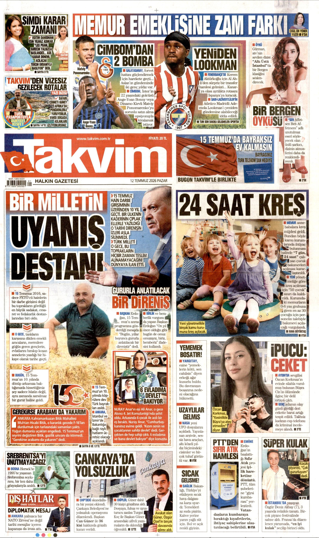 TAKVİM gazetesinin 12 Temmuz 2026 tarihli birinci sayfası