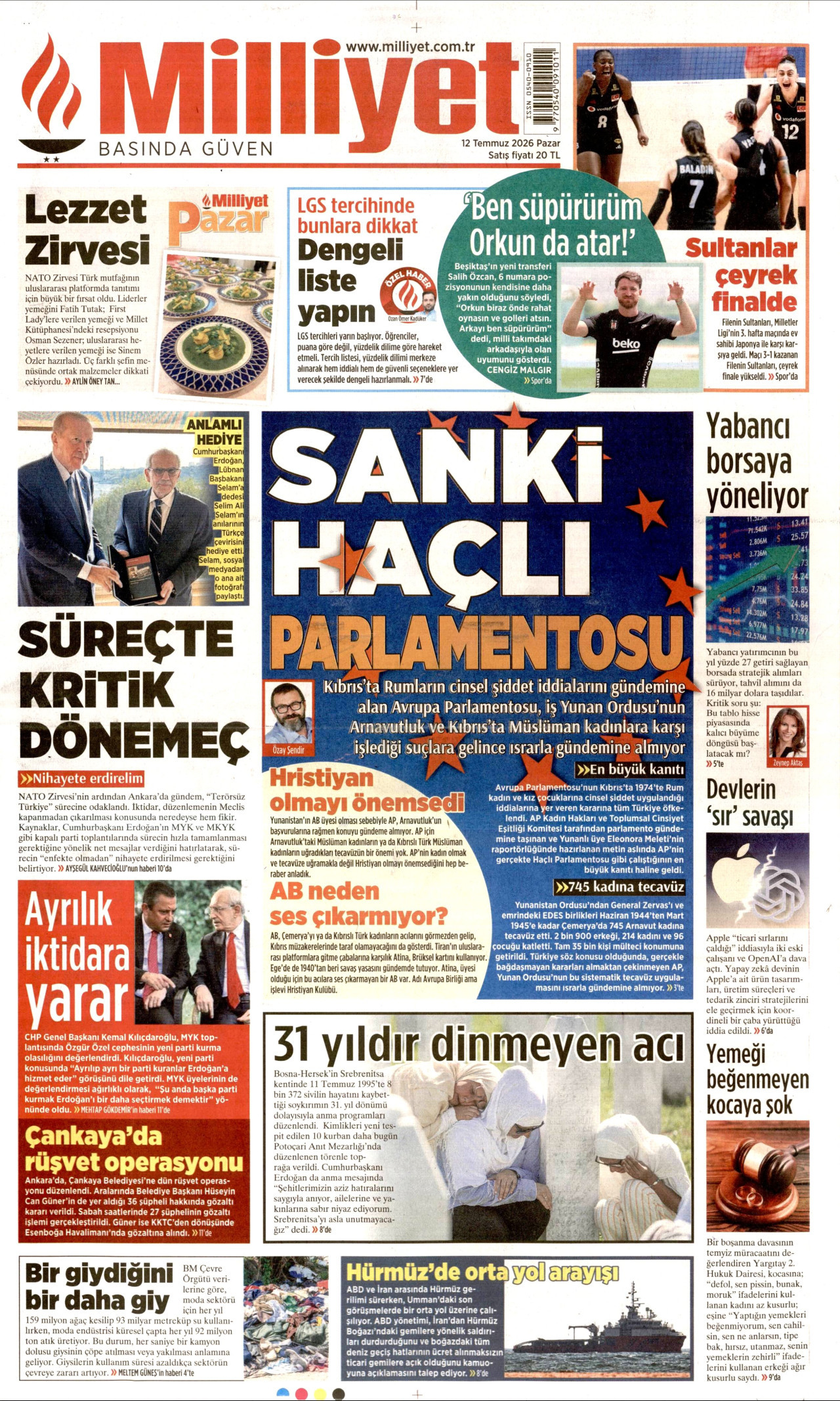 MİLLİYET gazetesinin 12 Temmuz 2026 tarihli birinci sayfası