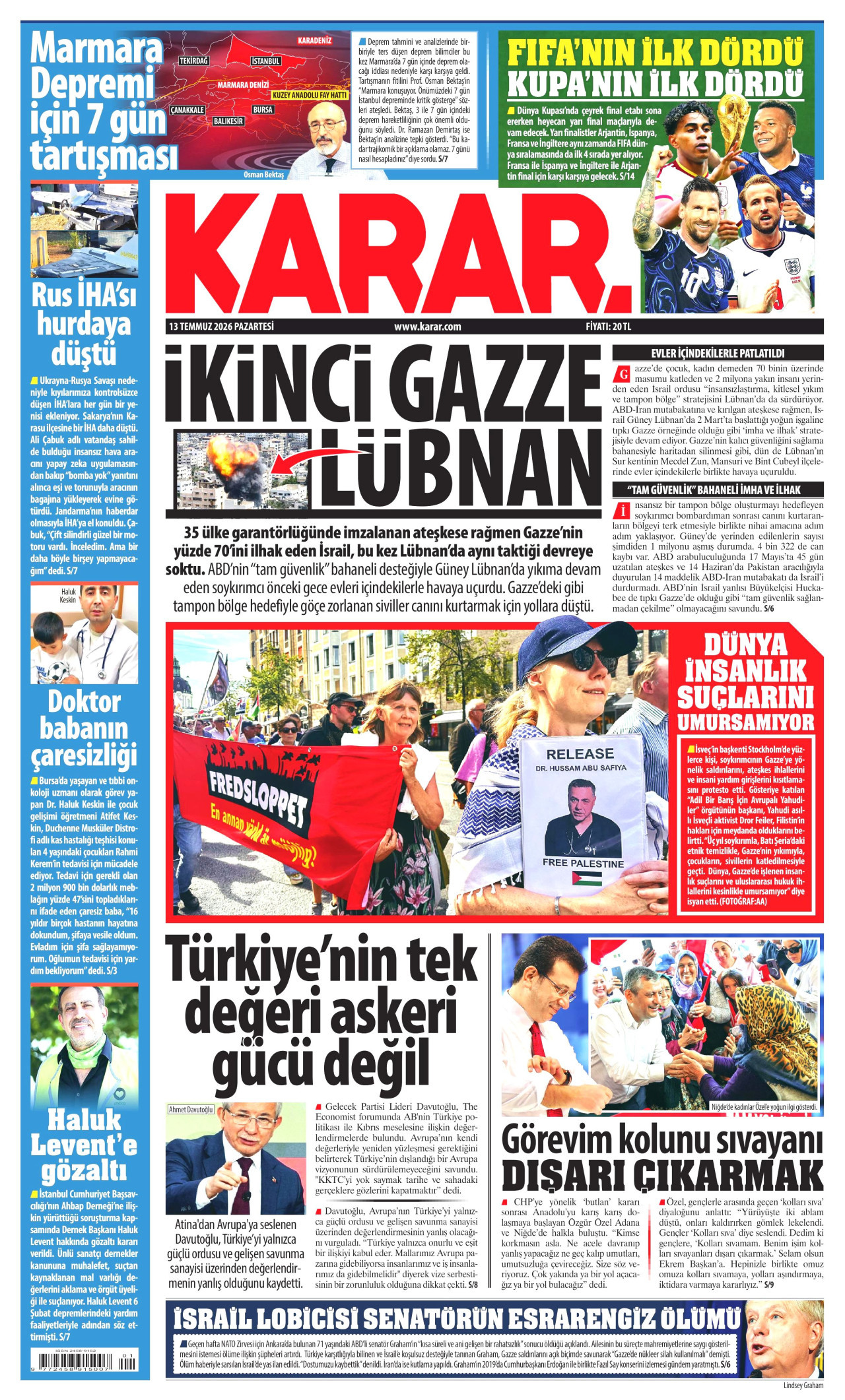 KARAR gazetesinin 13 Temmuz 2026 tarihli birinci sayfası
