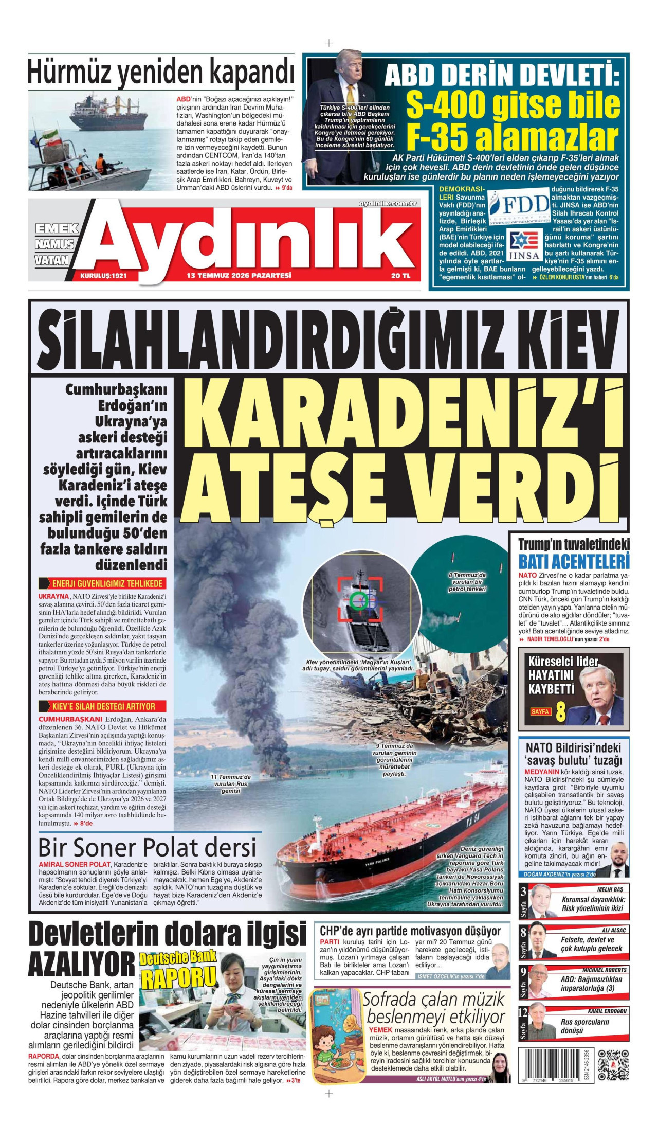 AYDINLIK GAZETESİ gazetesinin 13 Temmuz 2026 tarihli birinci sayfası