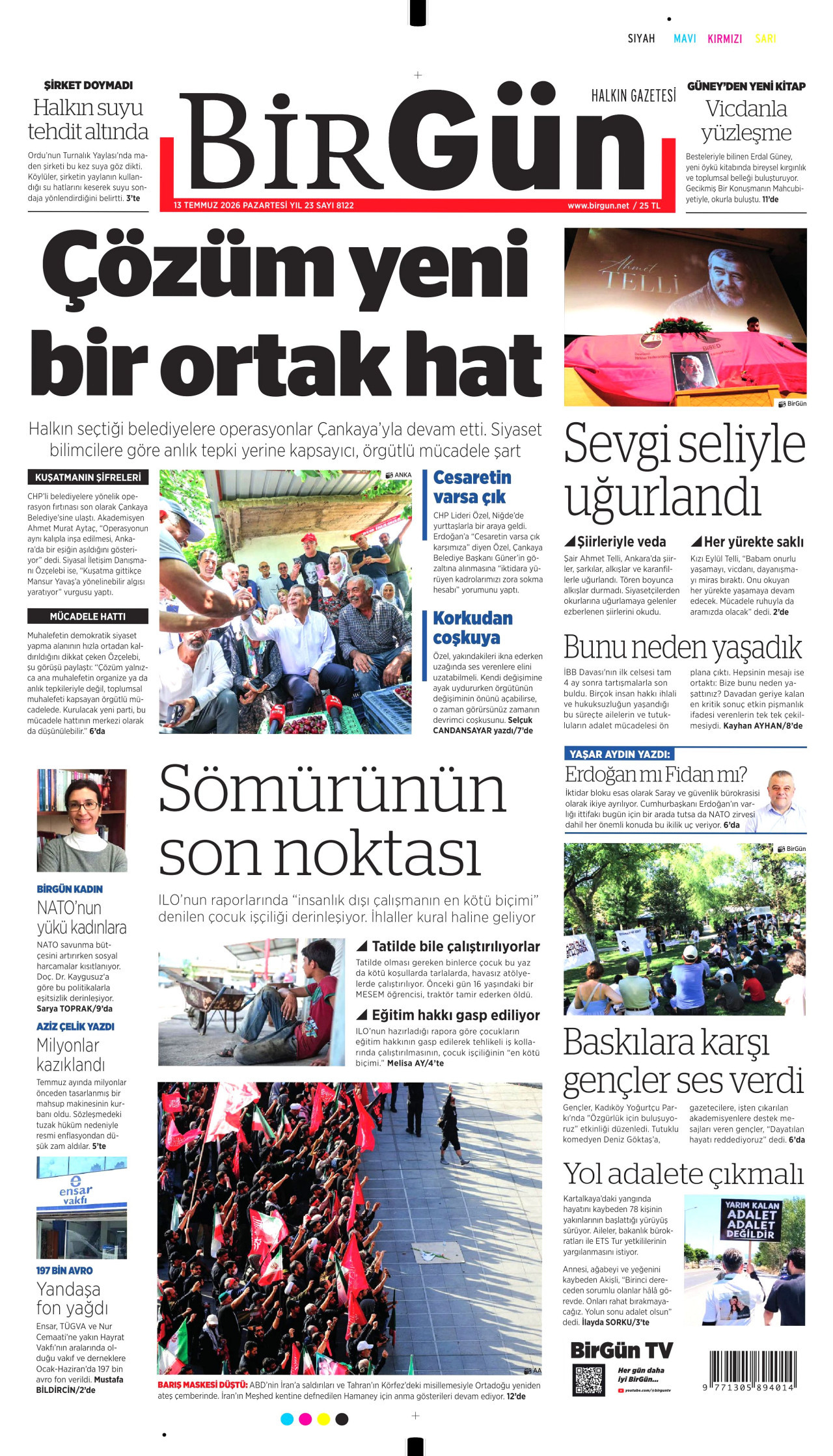 BİRGÜN gazetesinin 13 Temmuz 2026 tarihli birinci sayfası