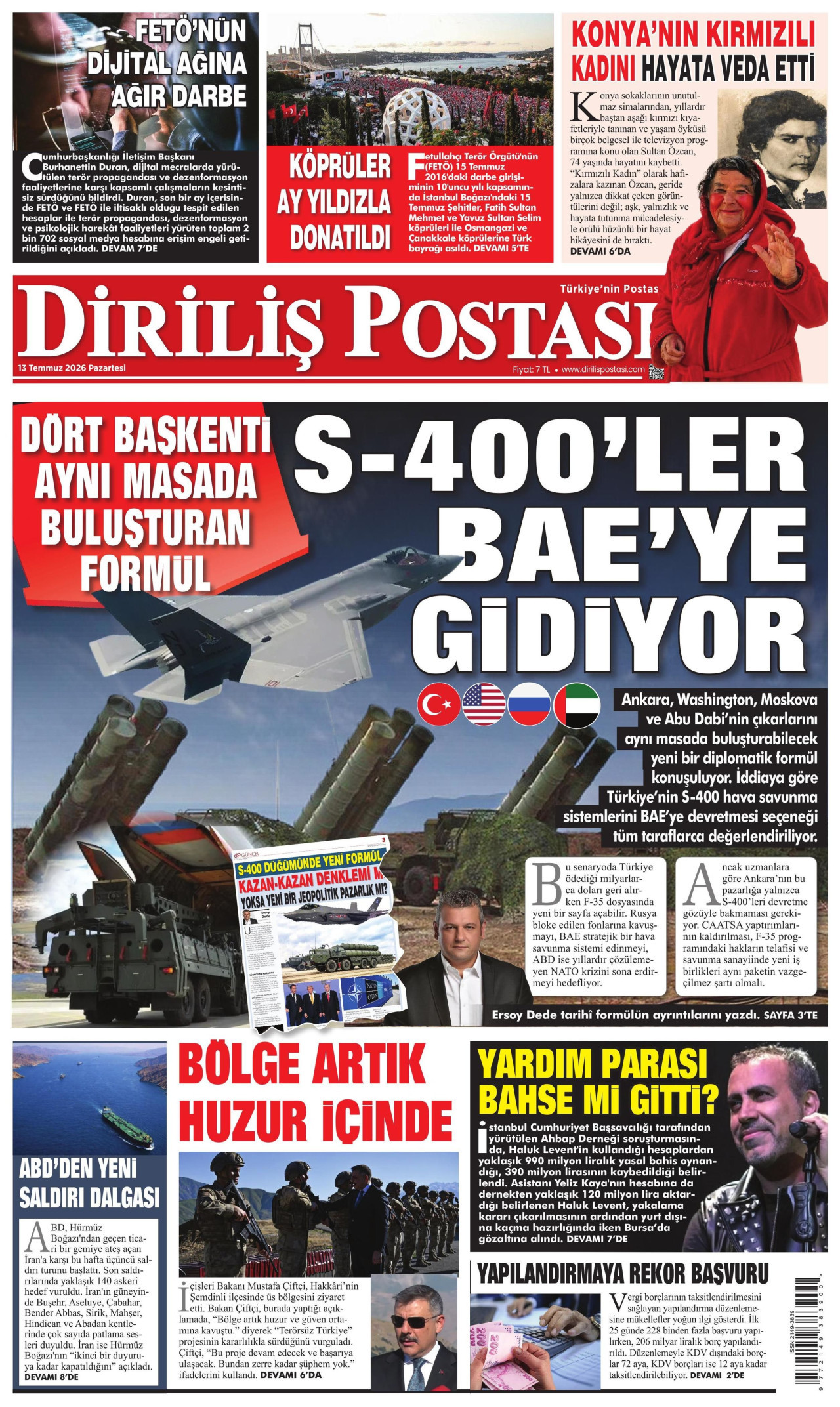 DİRİLİŞ POSTASI gazetesinin 13 Temmuz 2026 tarihli birinci sayfası