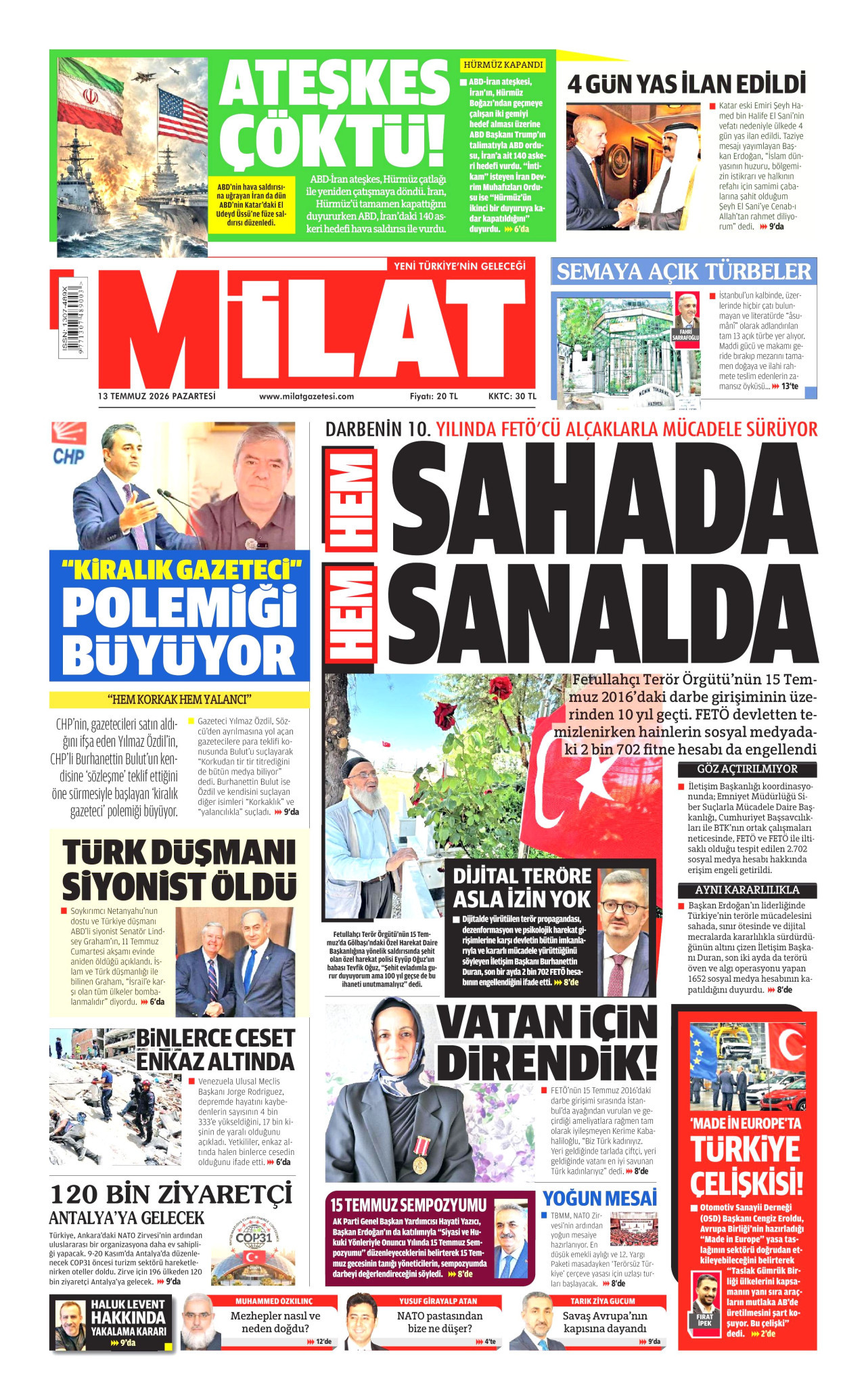 MİLAT gazetesinin 13 Temmuz 2026 tarihli birinci sayfası