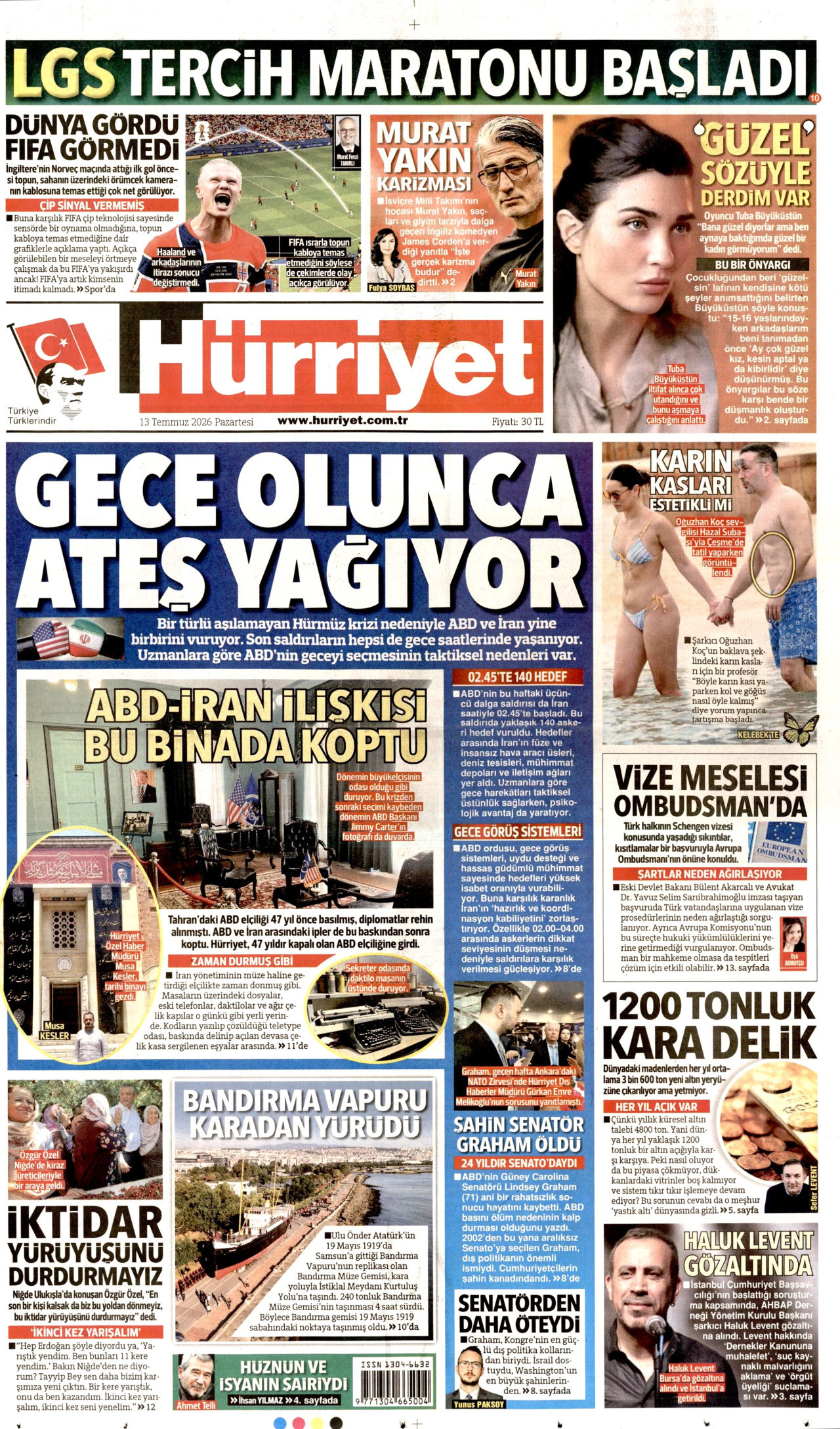 HÜRRİYET gazetesinin 13 Temmuz 2026 tarihli birinci sayfası