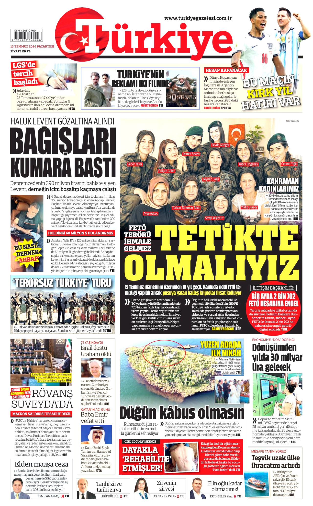 TÜRKİYE GAZETESİ gazetesinin 13 Temmuz 2026 tarihli birinci sayfası
