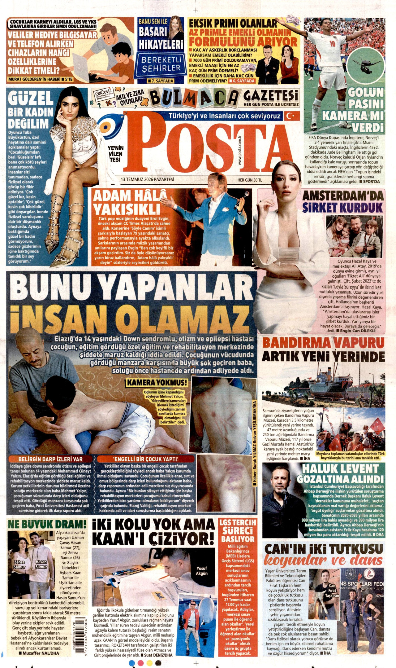 POSTA gazetesinin 13 Temmuz 2026 tarihli birinci sayfası