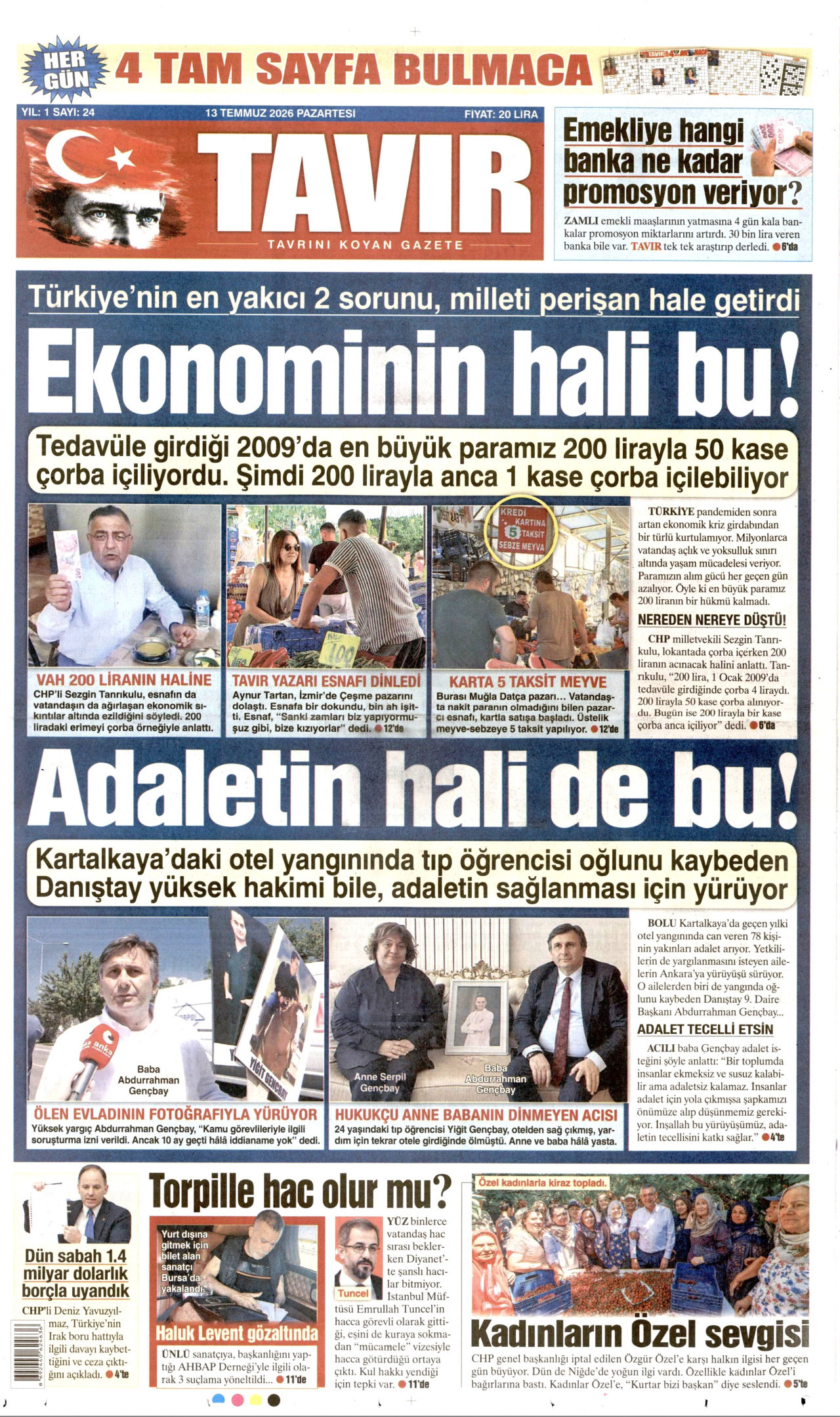 TAVIR GAZETESİ gazetesinin 13 Temmuz 2026 tarihli birinci sayfası