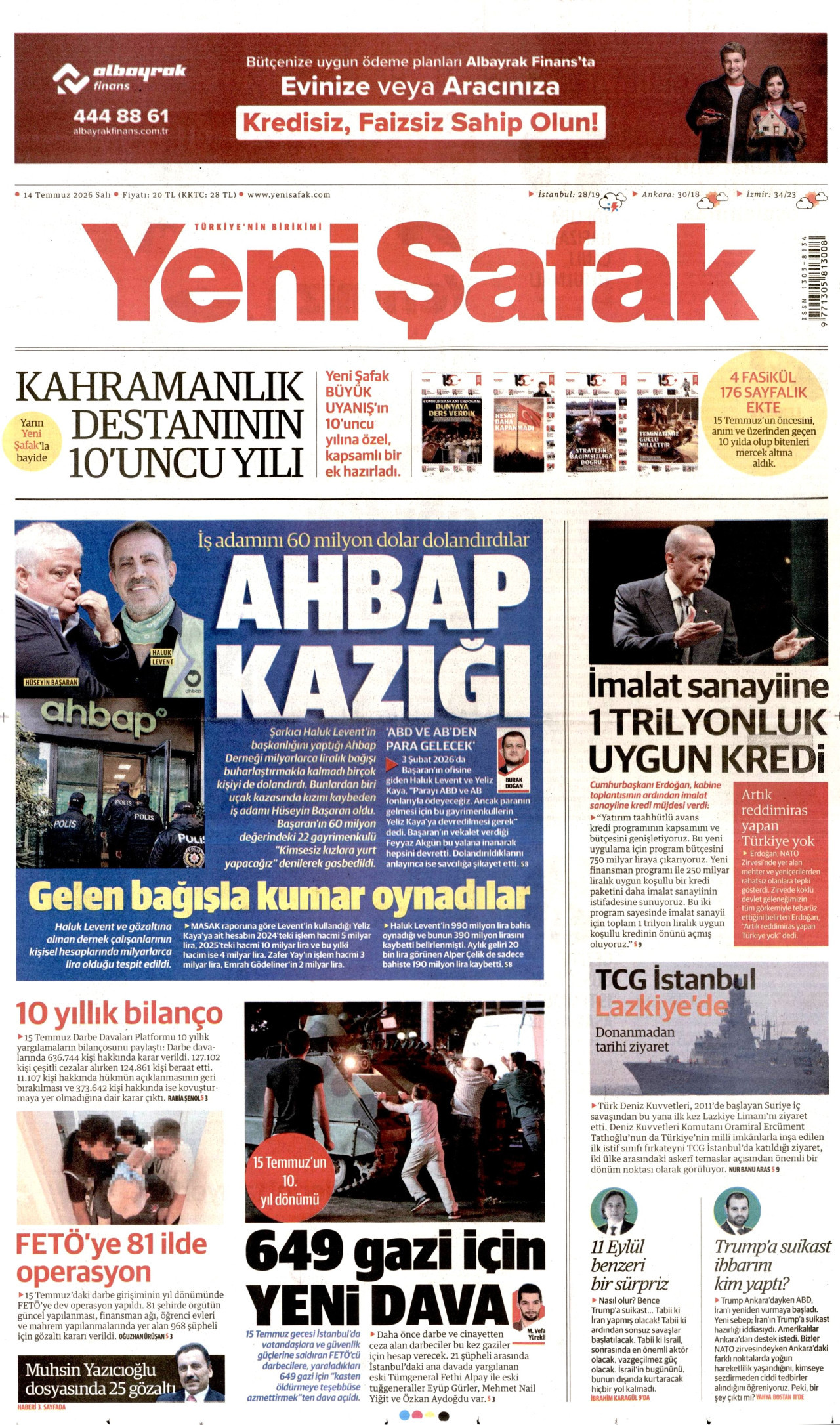 YENİ ŞAFAK gazetesinin 14 Temmuz 2026 tarihli birinci sayfası