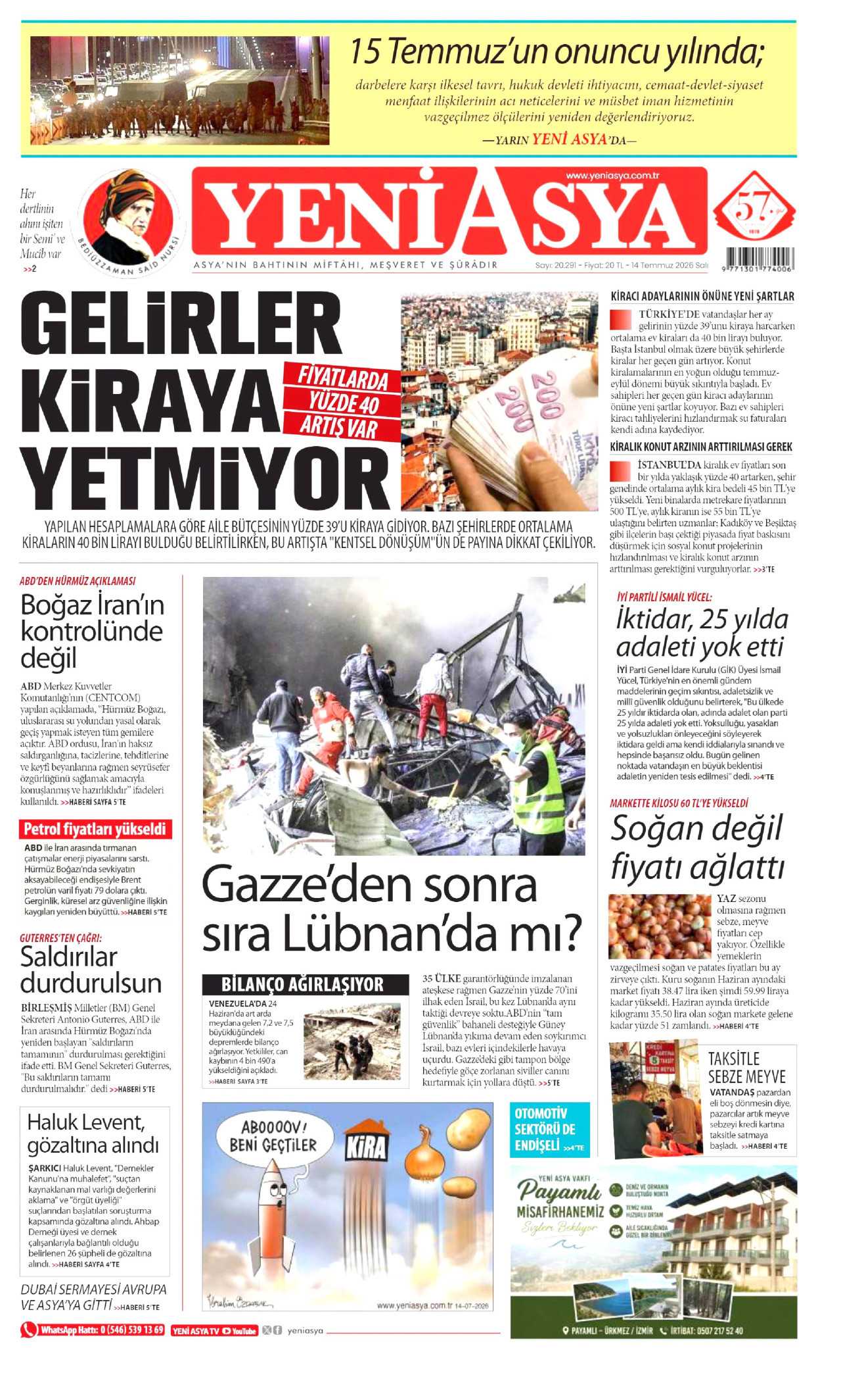 YENİ ASYA gazetesinin 14 Temmuz 2026 tarihli birinci sayfası