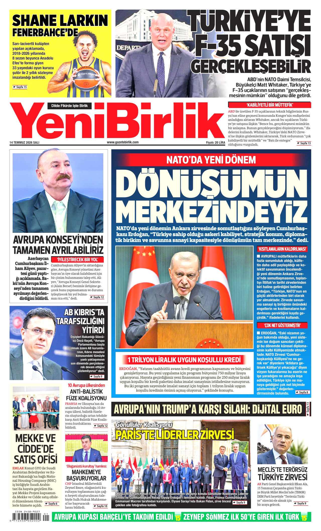 YENİBİRLİK gazetesinin 14 Temmuz 2026 tarihli birinci sayfası
